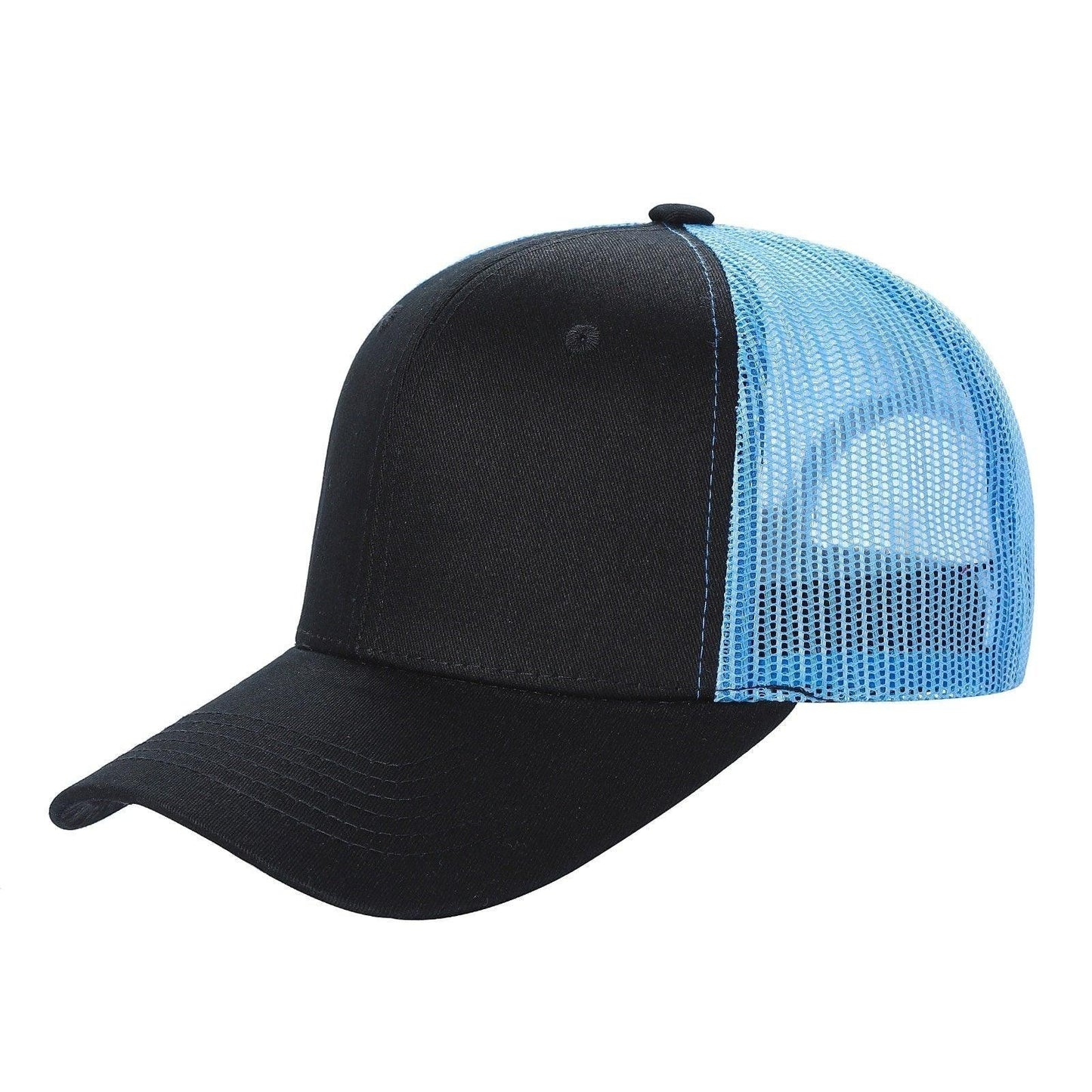 Waycap 6 Panel Curve Trucker Mesh Hat in black with light blue mesh back panels and a curved brim.