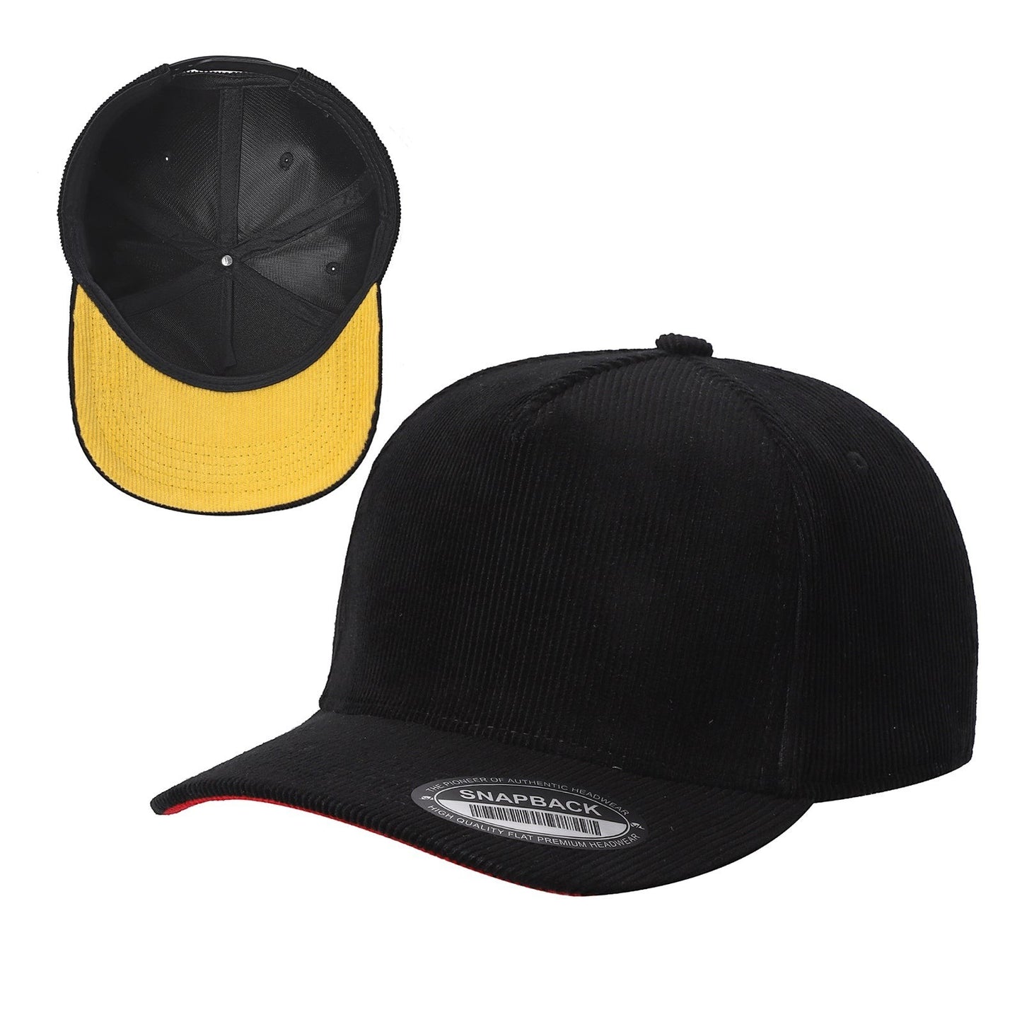Waycap 5FC black corduroy baseball cap with yellow lining and red brim detail. Features snapback closure.