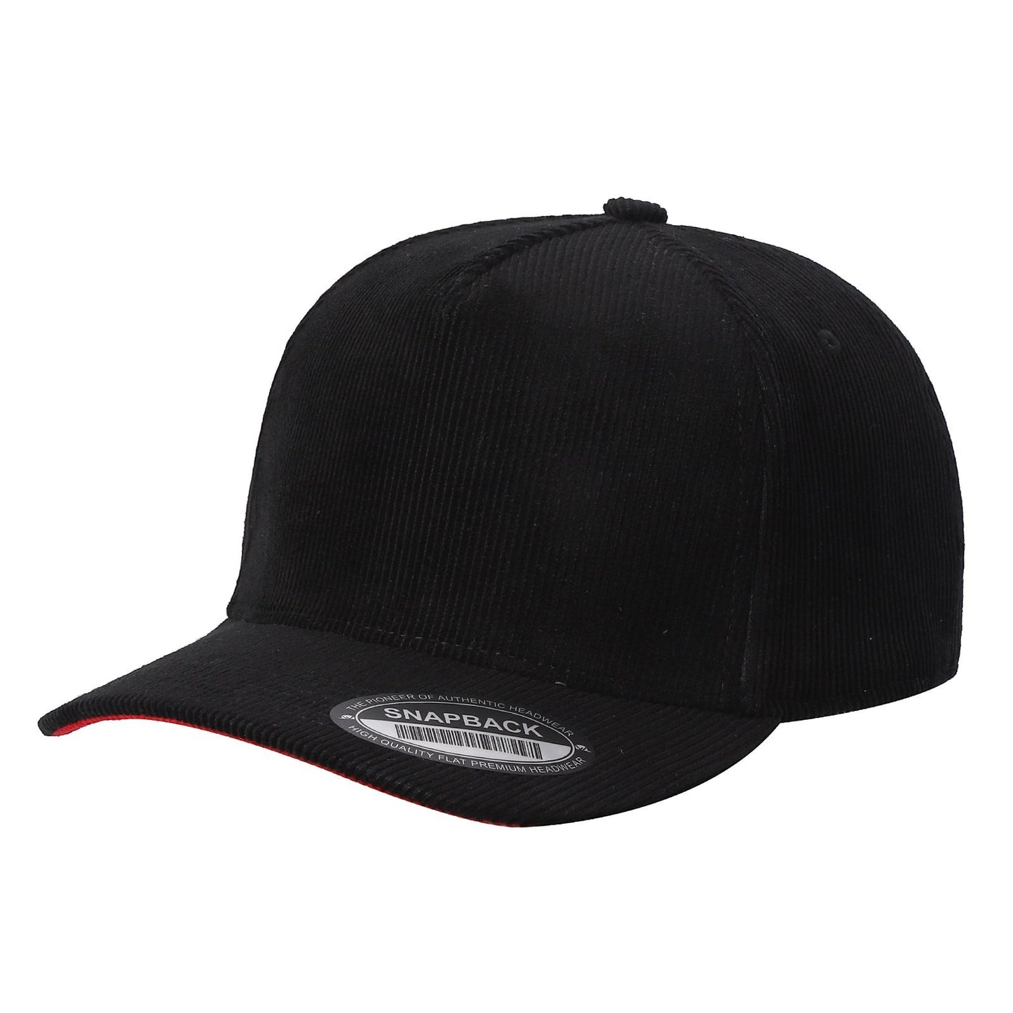 Waycap 5FC black corduroy baseball cap with red brim detail and snapback closure.