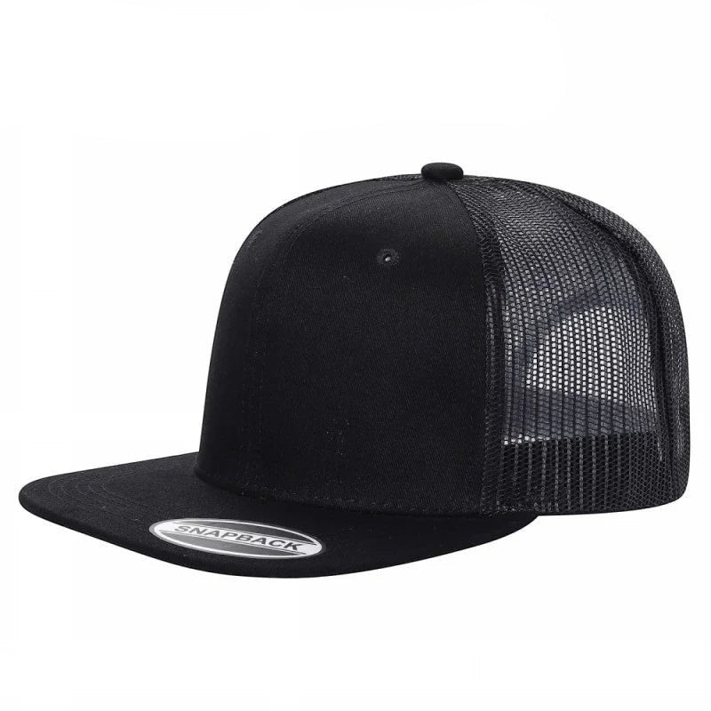 Waycap 6 Panel Flat Bill Mesh hat in black, made of 50% cotton and 50% polyester with a flat brim and snapback closure.