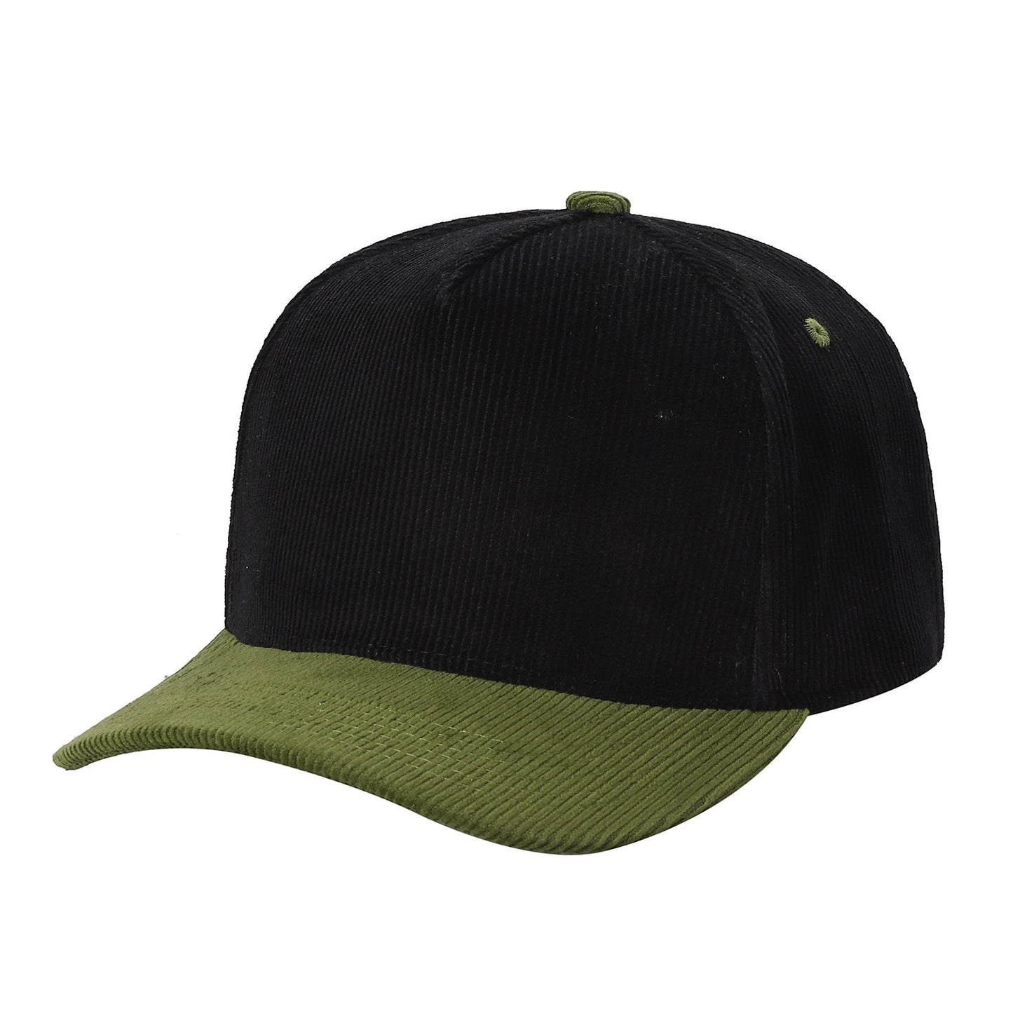 Waycap 5FC All Corduroy baseball cap in black with a green brim and button. Textured corduroy fabric.