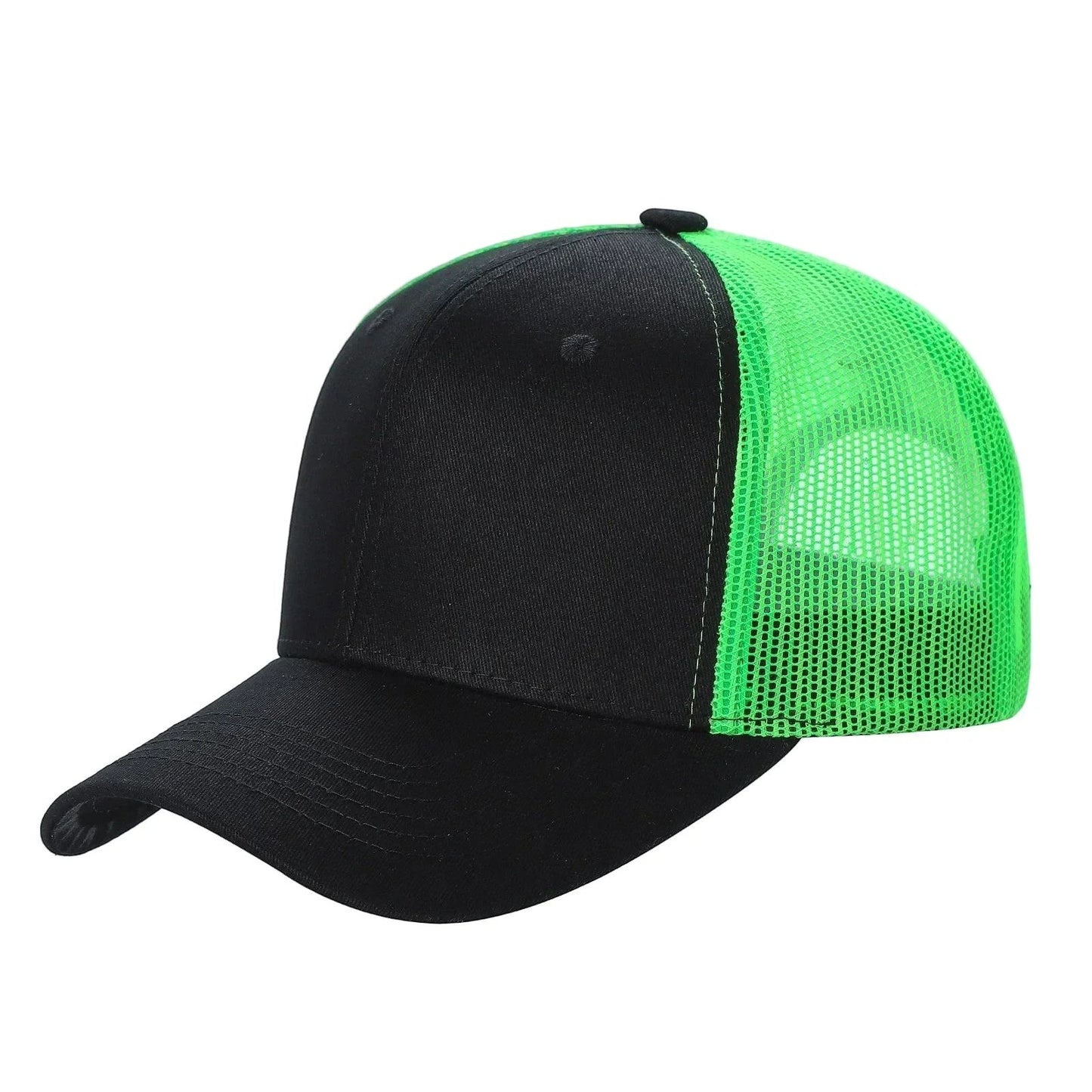 Waycap 6 Panel Curve Trucker Mesh Hat in black with bright green mesh back panels and curved brim.