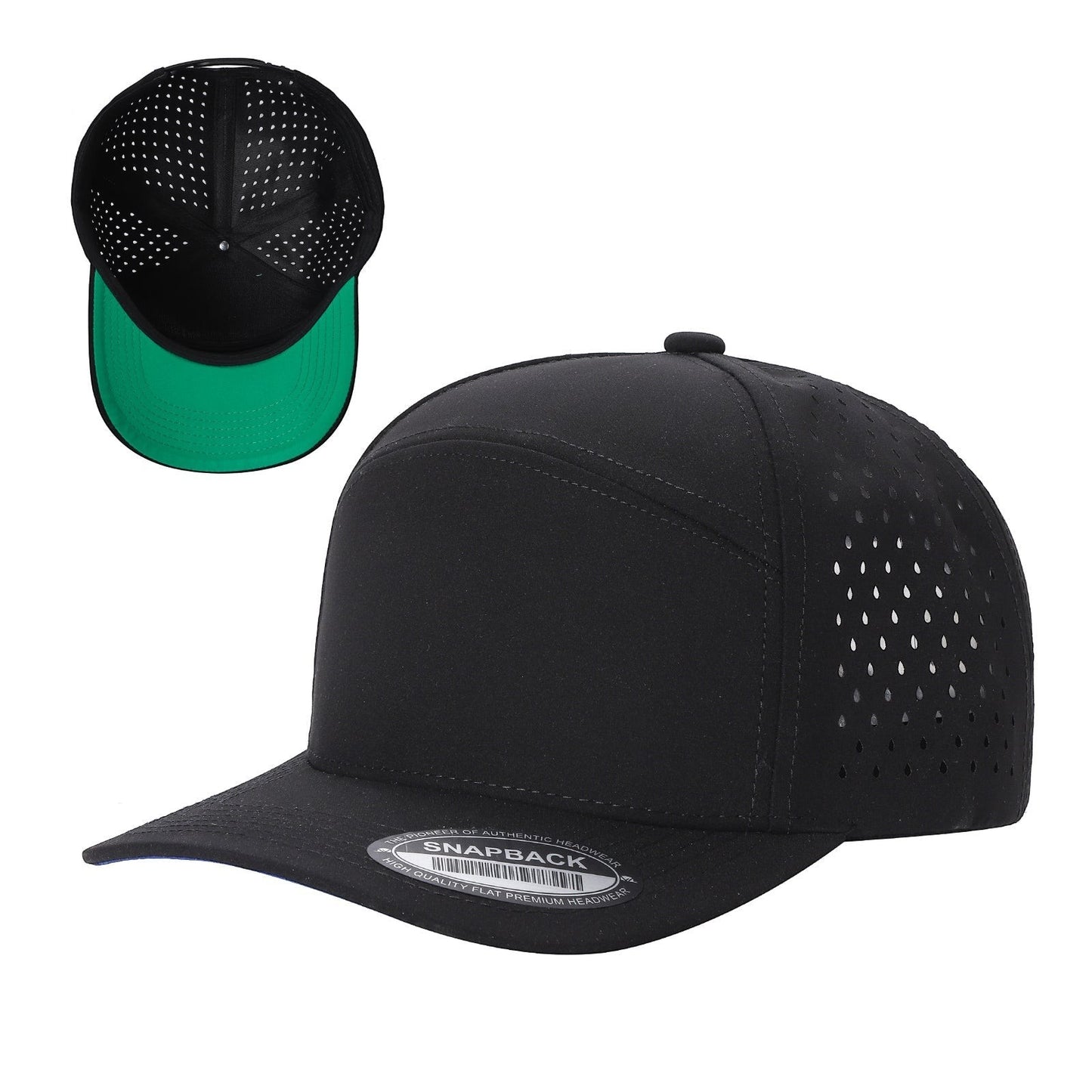 Waycap 6WP black six-panel snapback hat with laser-cut perforations on sides and back, flat brim, and green underside.