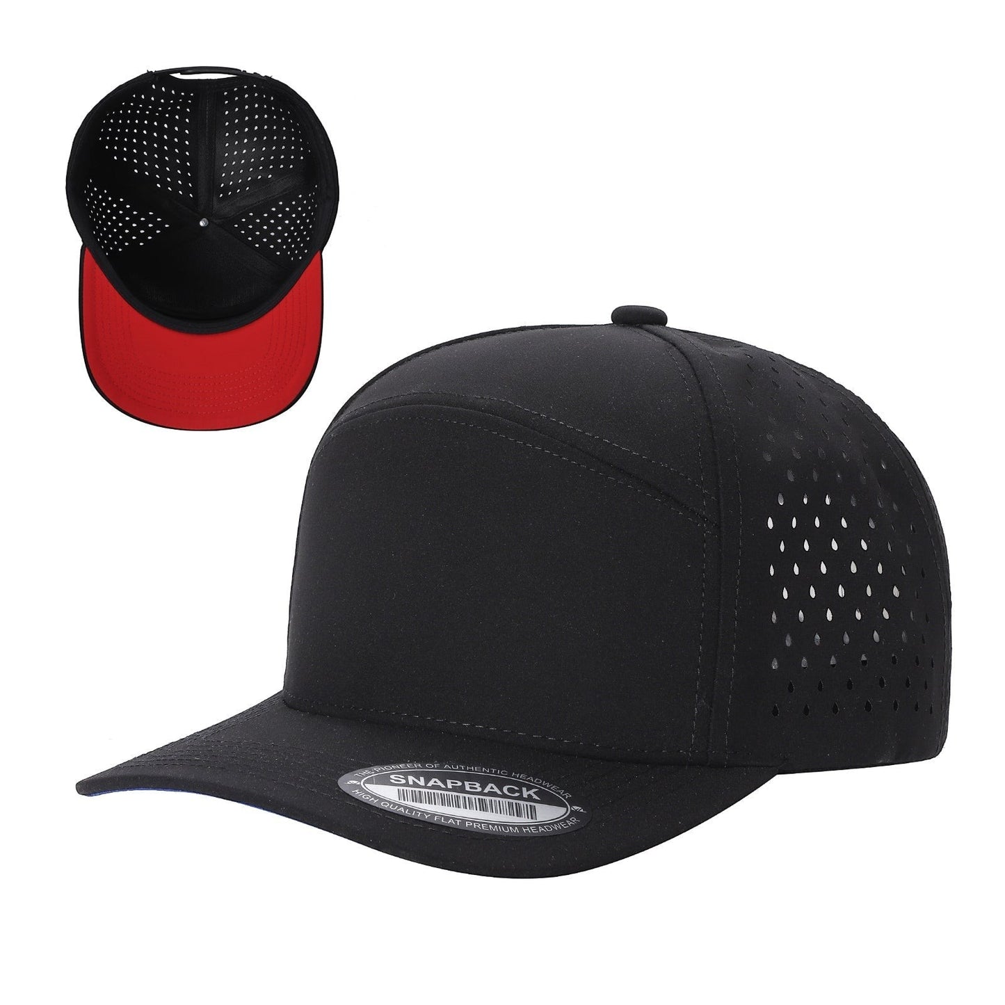 Waycap 6WP black six-panel snapback hat with laser-cut vents on sides and back, red underbrim, flat brim.