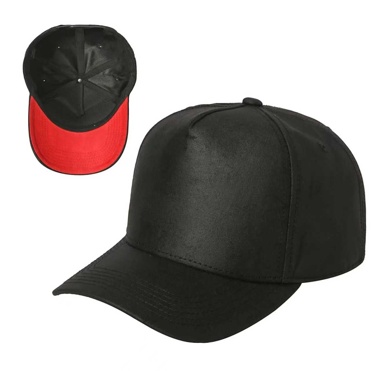 Waycap 5RS black leather 5-panel baseball cap with a pre-curved bill and adjustable snapback. Red interior lining.