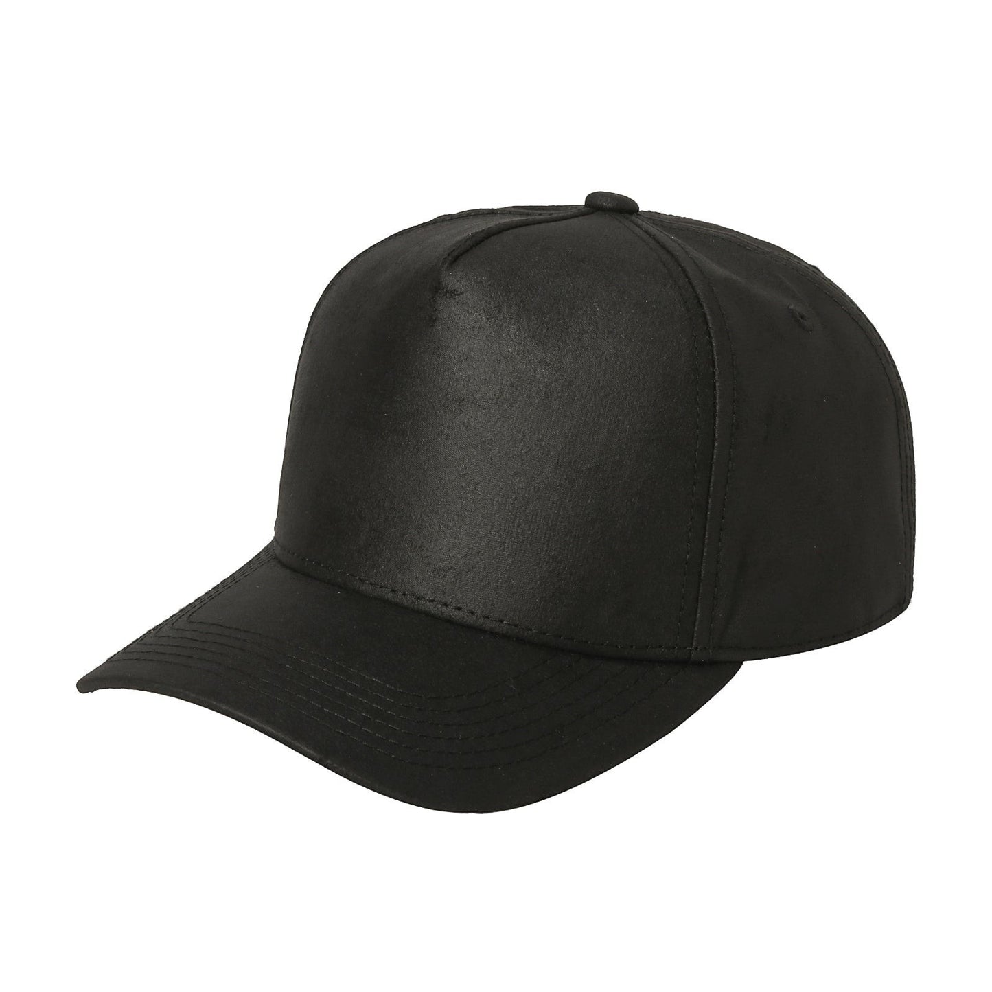 Waycap 5RS black leather 5-panel baseball cap with pre-curved bill and adjustable snapback closure.