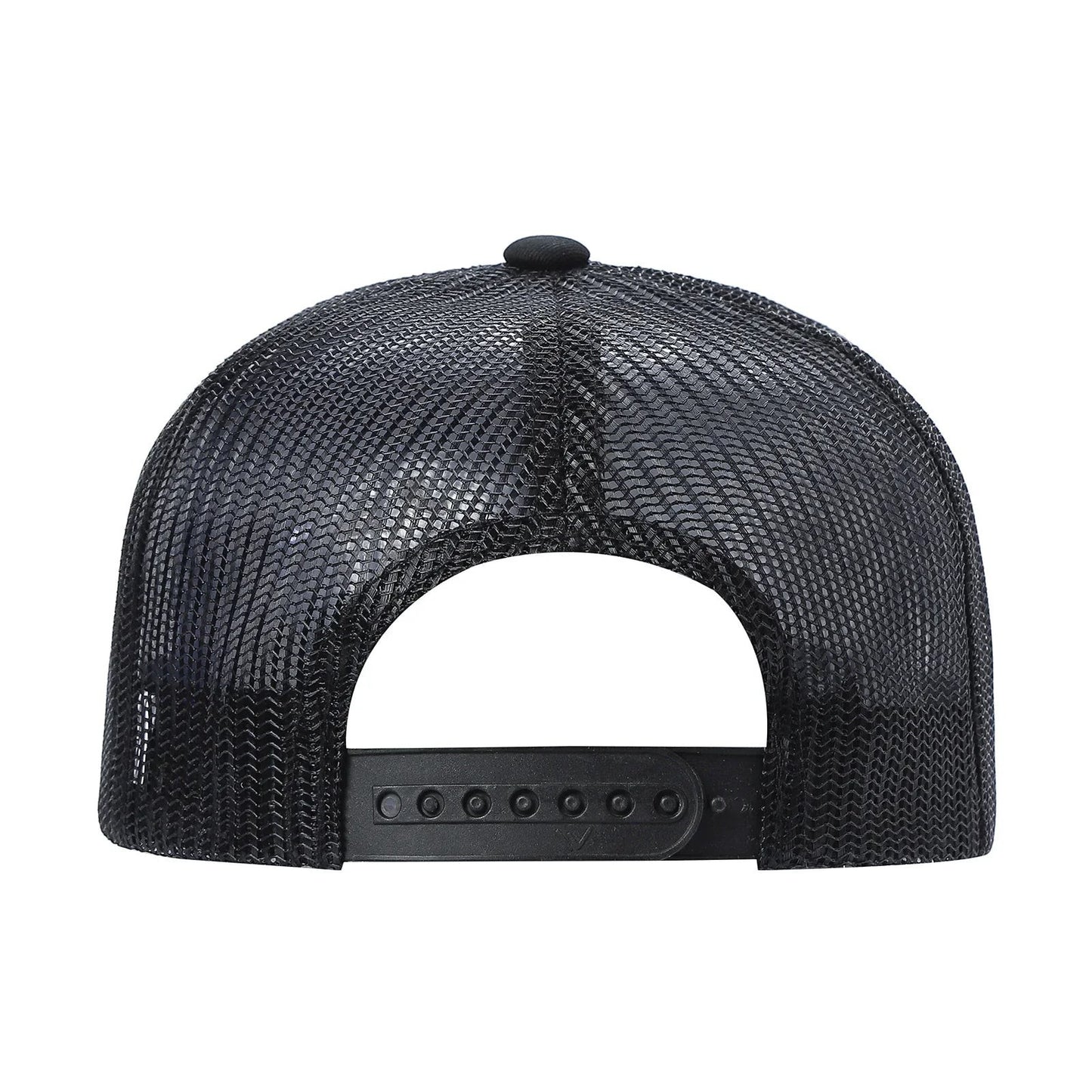 Waycap 6 Panel Curve Trucker Mesh Hat in black, featuring breathable mesh back and adjustable snap closure.