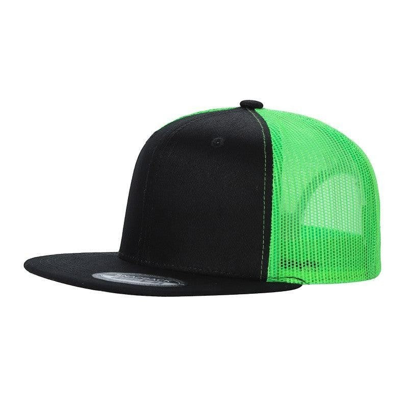 Waycap 6 Panel Flat Bill Mesh hat in black with neon green mesh back and flat brim.