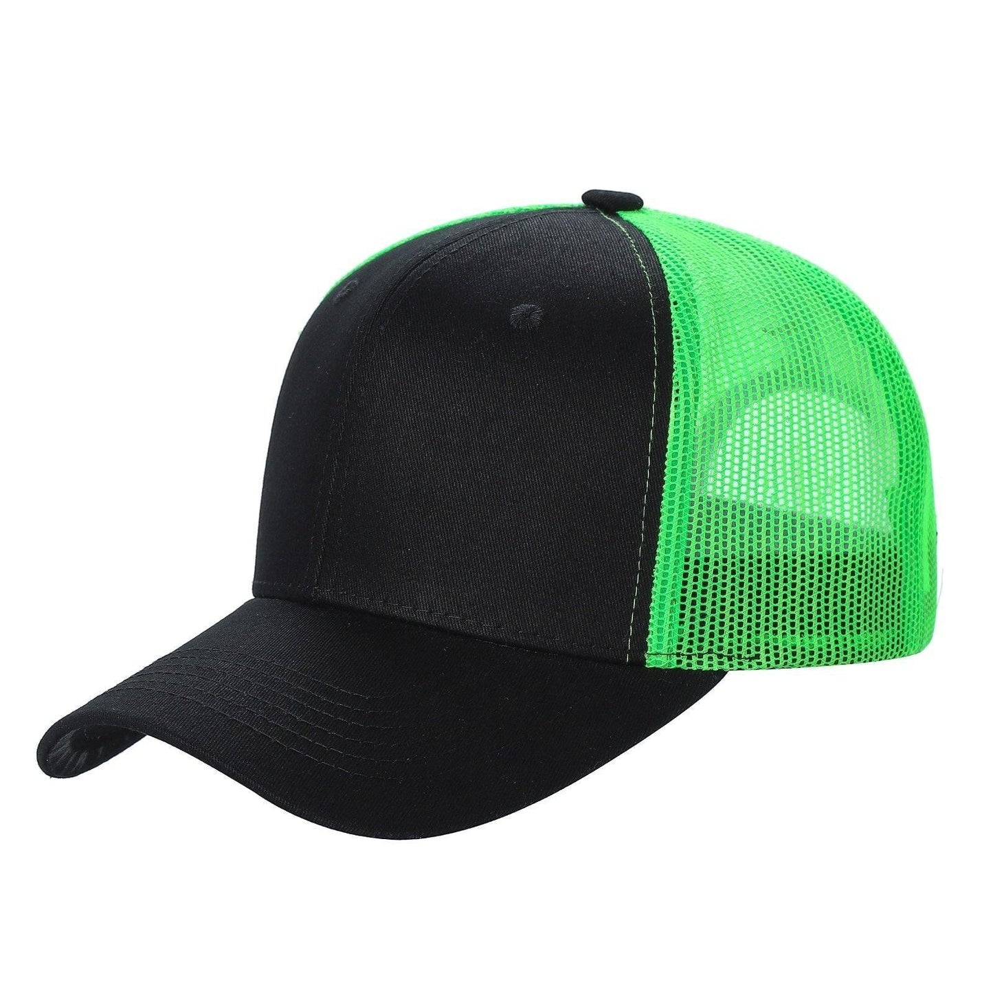 Waycap 6 Panel Curve Trucker Mesh Hat in black with neon green mesh back panels and brim.