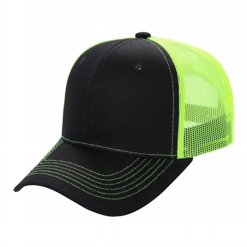 Waycap 6 Panel Curve Trucker Mesh Hat in black with neon green mesh back and contrast stitching.