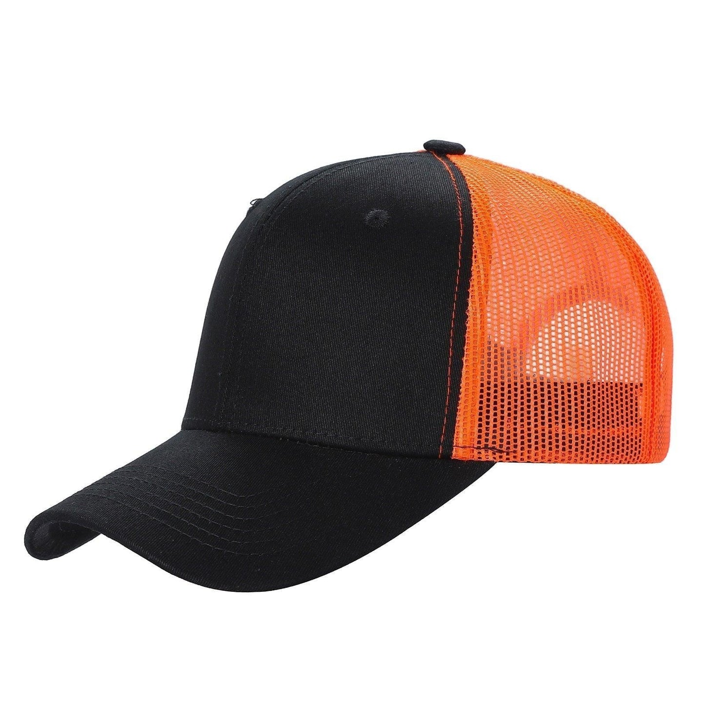 Waycap 6 Panel Curve Trucker Mesh Hat in black with orange mesh back panels and a curved brim.