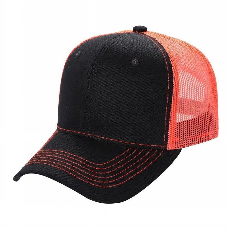 Waycap 6 Panel Curve Trucker Mesh Hat in black with orange mesh back and contrast stitching on brim.