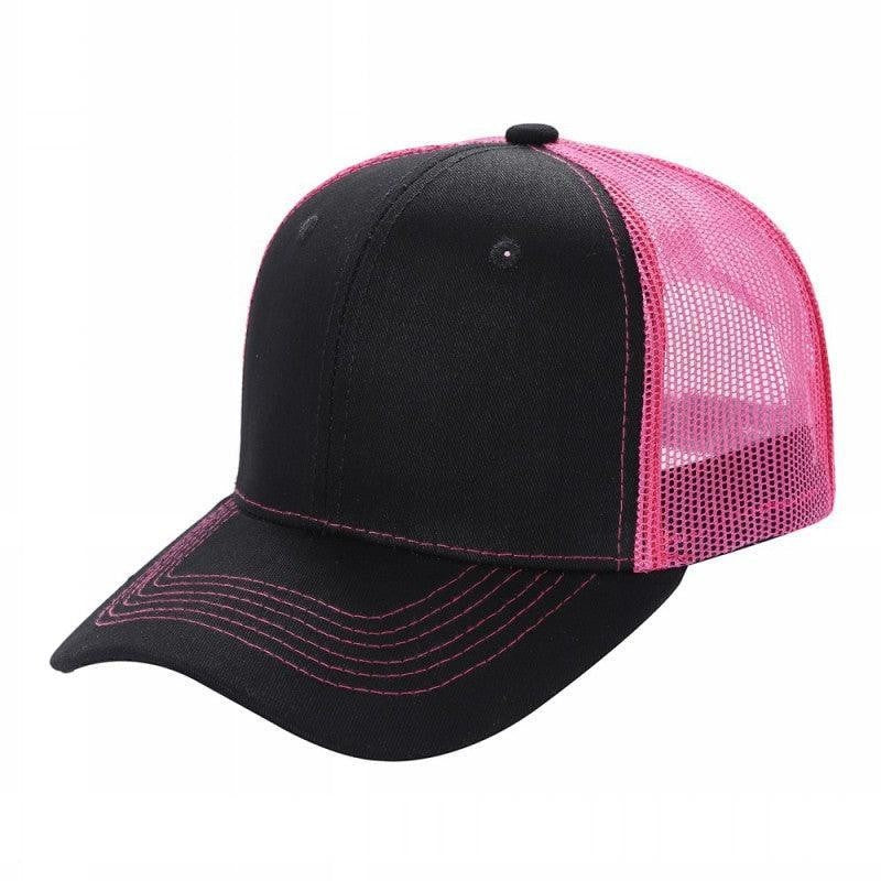 Waycap 6 Panel Curve Trucker Mesh Hat in black with pink mesh back and pink stitching on brim.