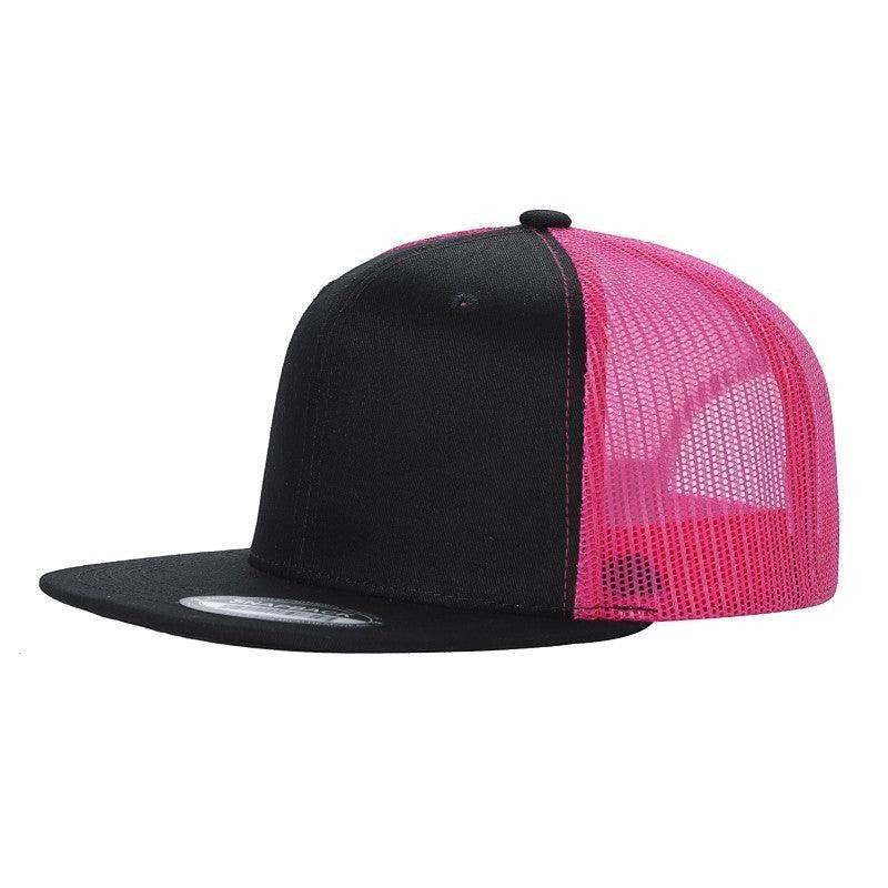 Waycap 6 Panel Flat Bill Mesh hat with black front and bright pink mesh back. Features a flat brim and snapback closure.