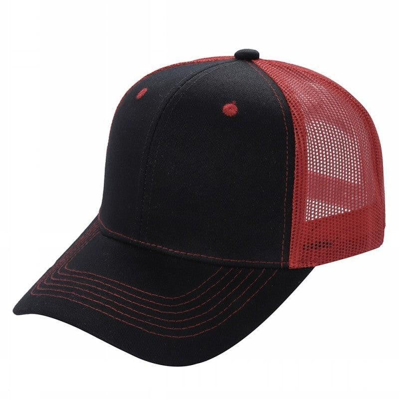 Waycap 6 Panel Curve Trucker Mesh Hat in black with red mesh back and red stitching detail.