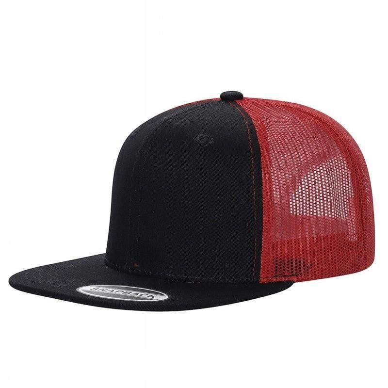 Waycap 6 Panel Flat Bill Mesh hat with black cotton front and red mesh back, snapback closure.
