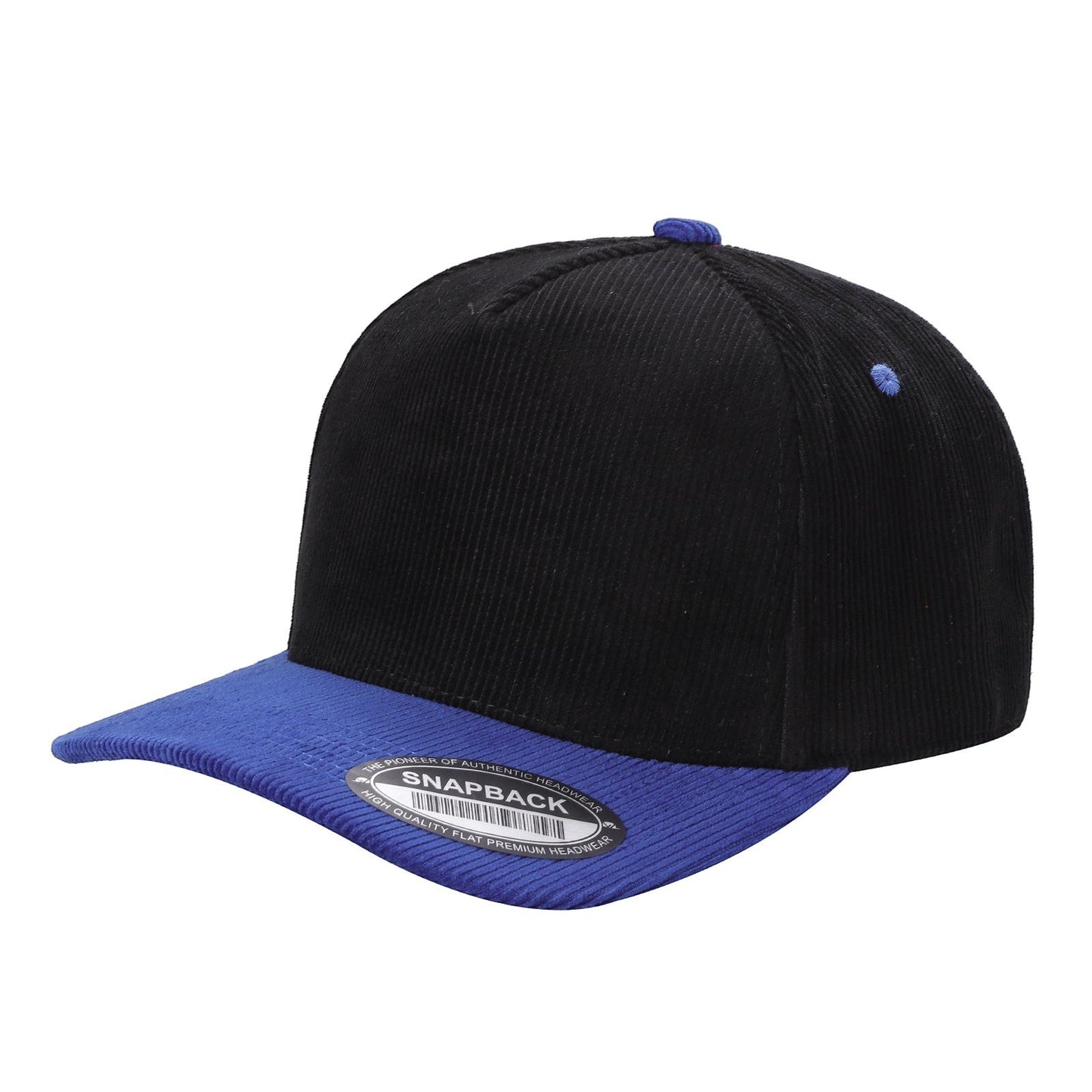 Waycap 5FC black and royal blue corduroy baseball cap with snapback closure.