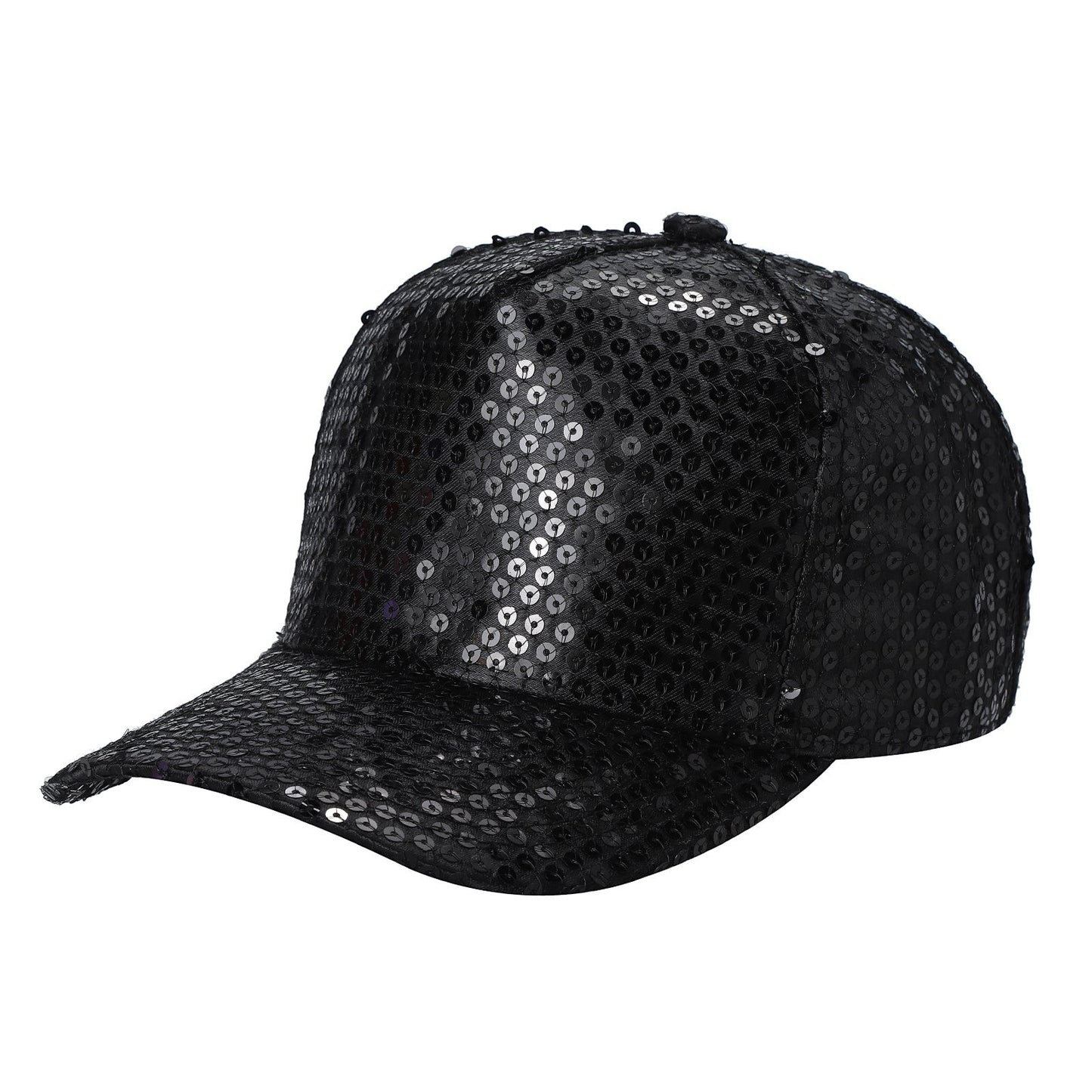 Waycap 5G Sequin Hat, a black baseball cap fully covered in shimmering sequins. Features a curved brim and adjustable strap.