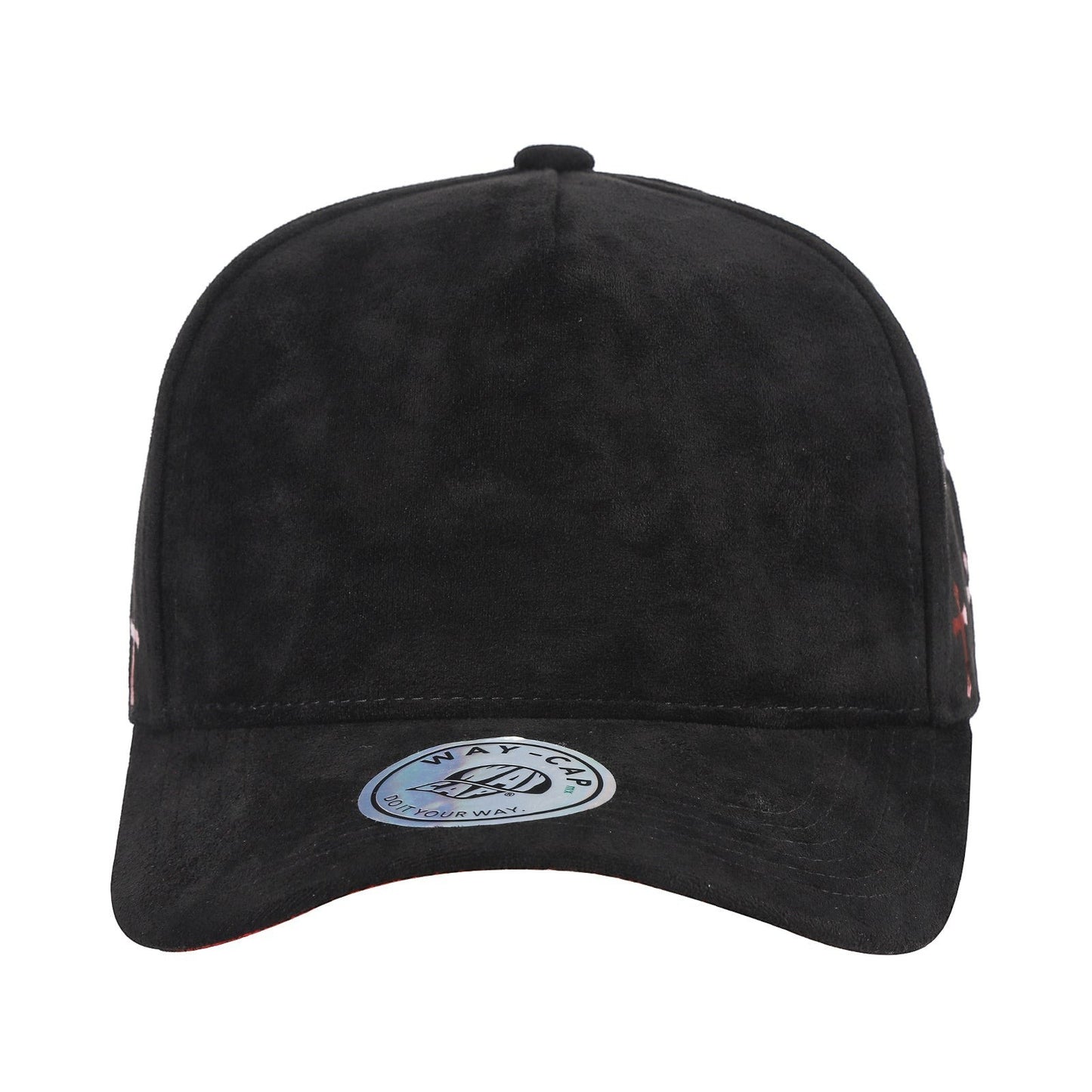 Waycap 5 Panel Suede Satin Gilding Cap in black with intricate satin cross pattern detail on side panels. Snapback style.
