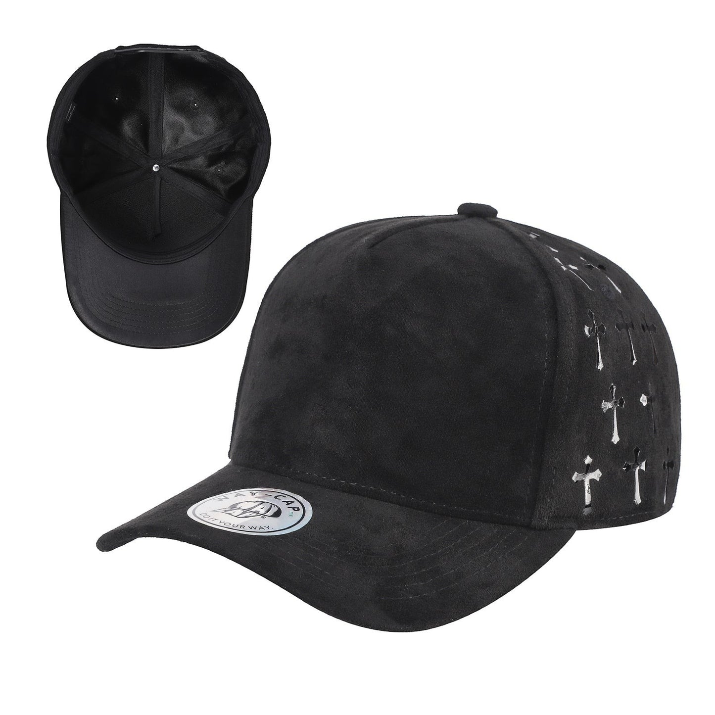 Waycap 5 Panel Suede Satin Gilding Cap in black with intricate cross cut-out details on the side panels. Snapback style.