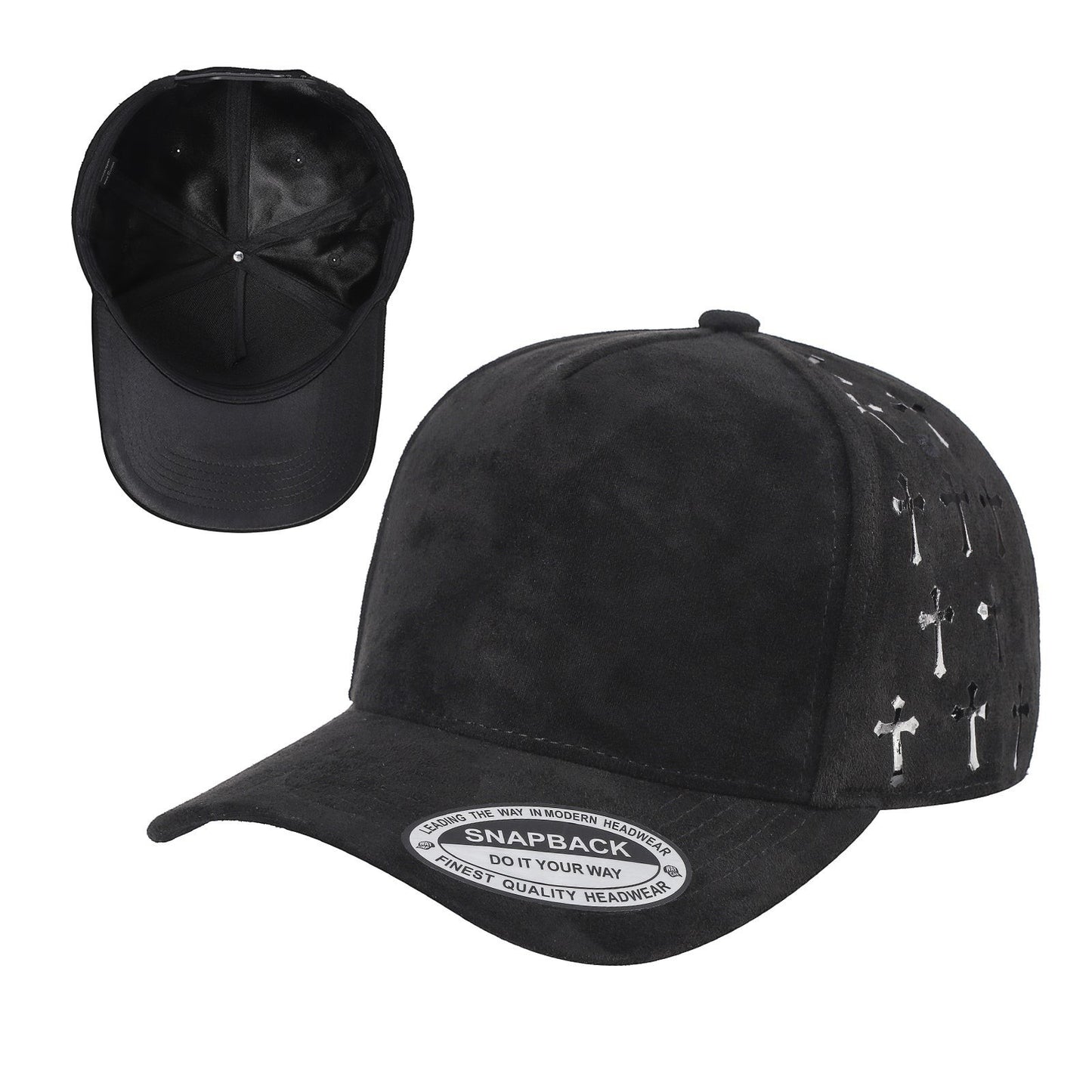 Waycap 5 Panel Suede Satin Gilding Cap in black with cross pattern detail on side panels. Snapback style.