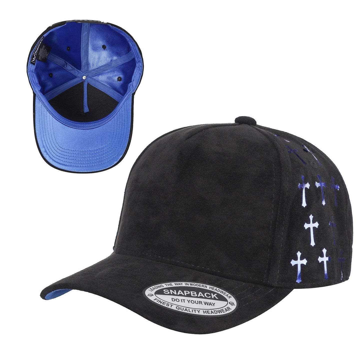 Waycap 5 Panel Suede Satin Gilding Cap in black with blue satin lining and cross pattern detail on side panels.