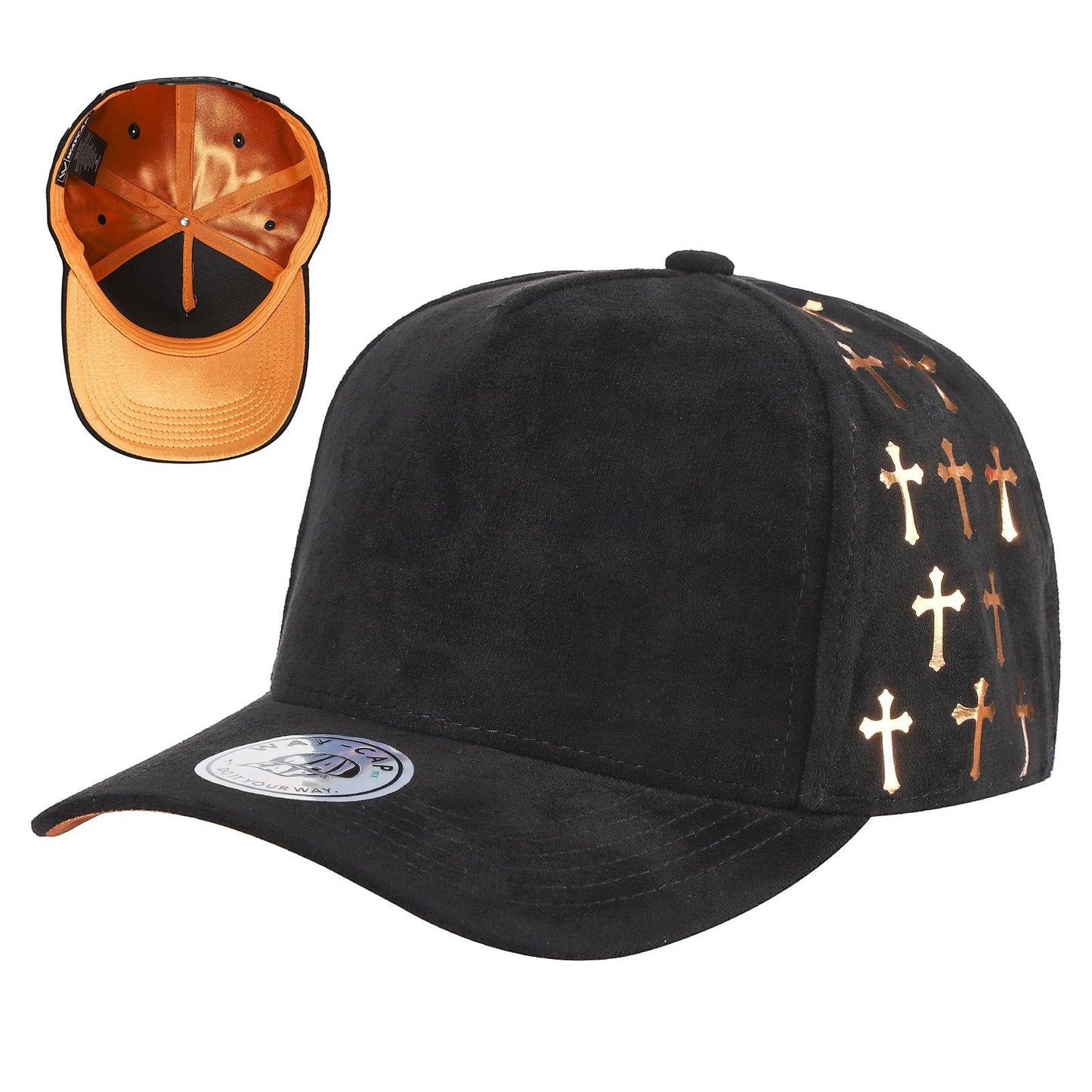 Waycap 5 Panel Suede Satin Gilding Cap in black with gold cross pattern on side panels and orange satin lining.