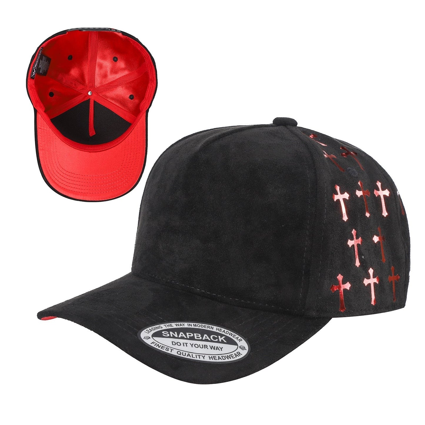 Waycap 5 Panel Suede Satin Gilding Cap in black with red cross pattern detail and red satin lining.