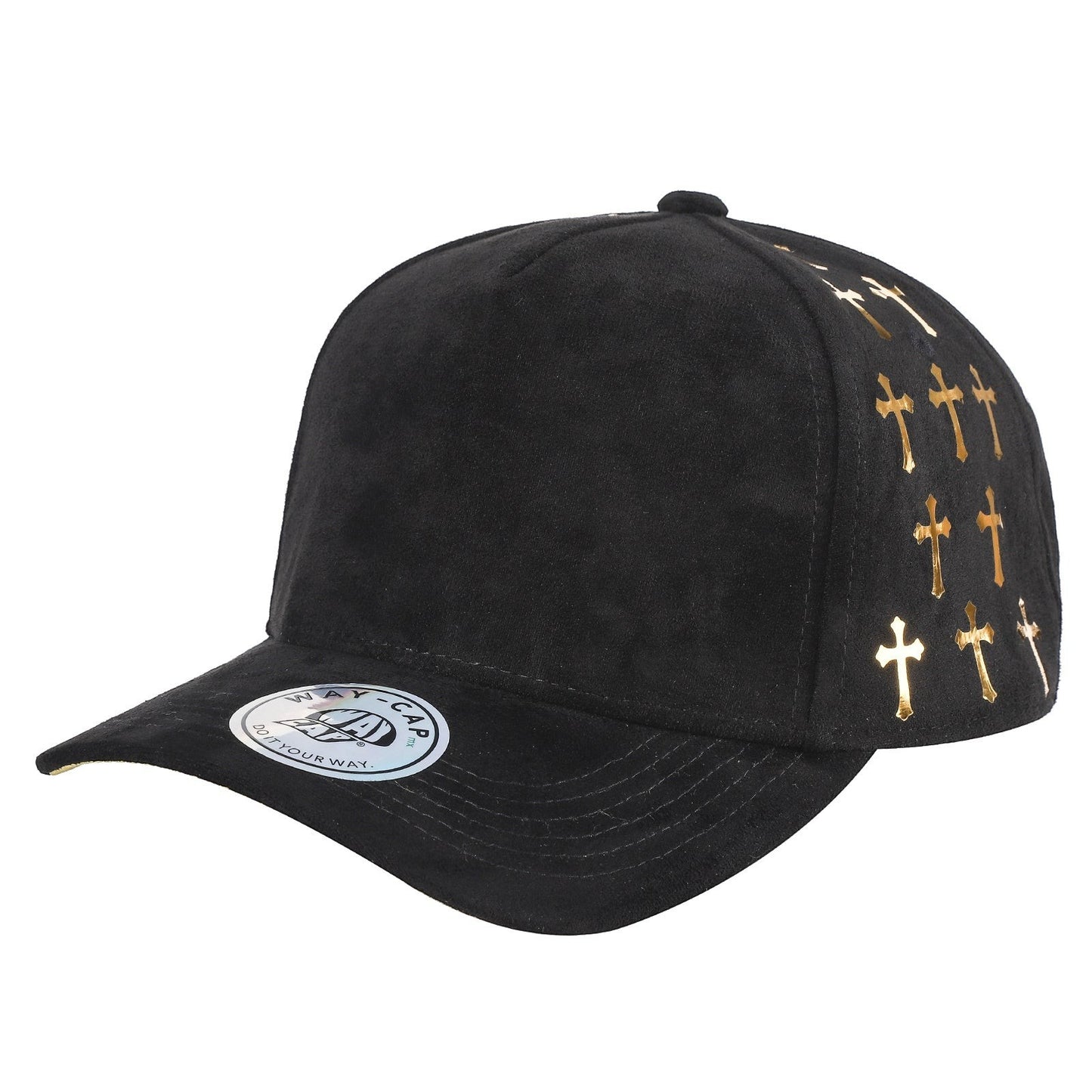Waycap 5 Panel Suede Satin Gilding Cap in black with gold cross pattern on side panels. Snapback style.