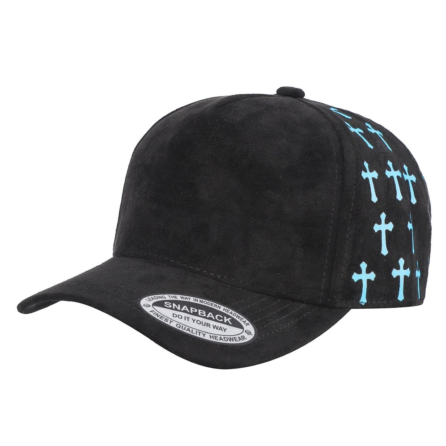 Waycap 5 Panel Suede Satin Gilding Cap in black with light blue cross pattern on side panels. Snapback design.