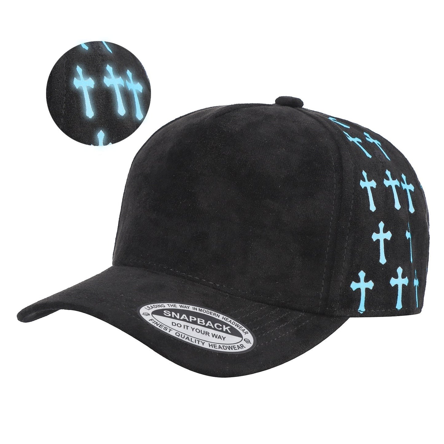Waycap 5 Panel Suede Satin Gilding Cap in black with blue cross pattern on side panels. Snapback design.