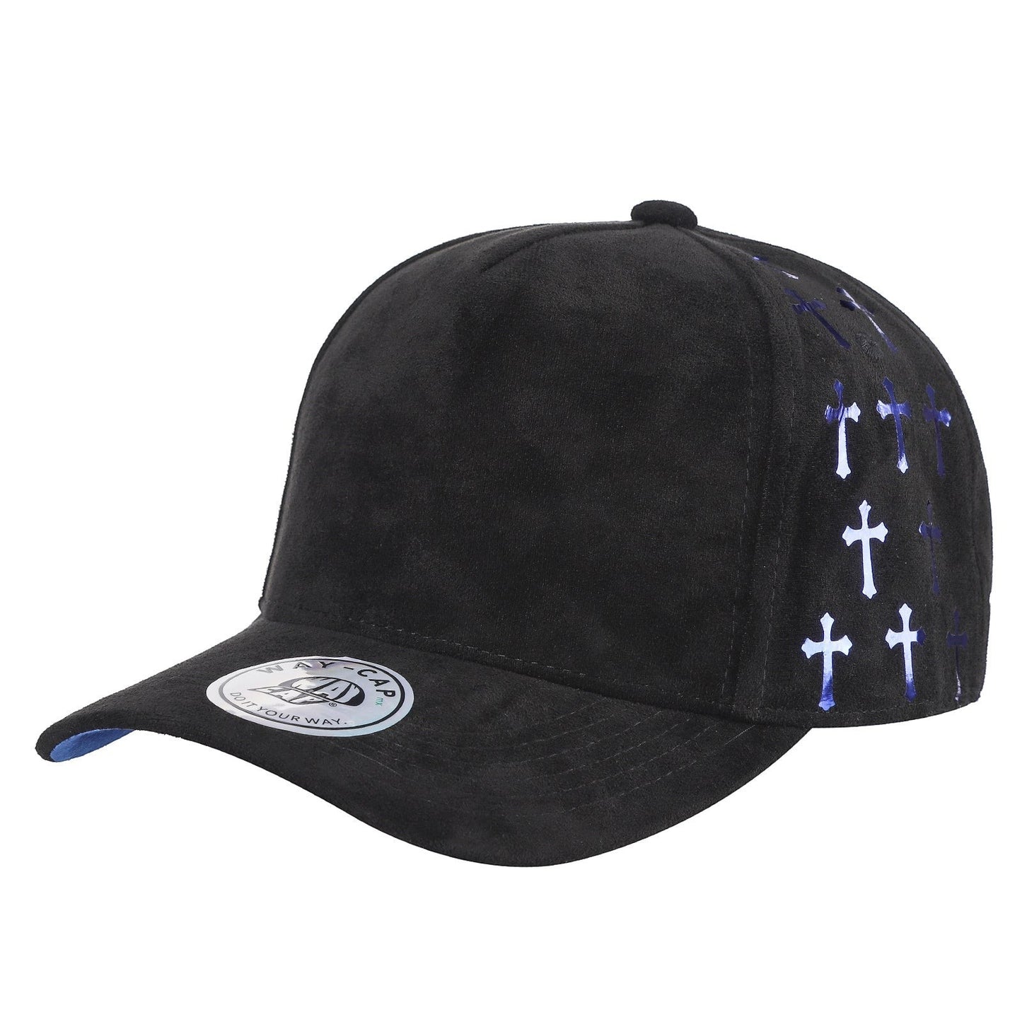 Waycap 5 Panel Suede Satin Gilding Cap in black with a cross pattern on the side panels and blue lining.
