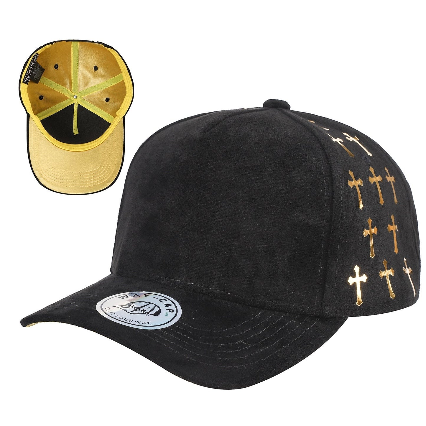 Waycap black suede 5-panel cap with gold satin cross pattern detail on side panels and yellow interior.