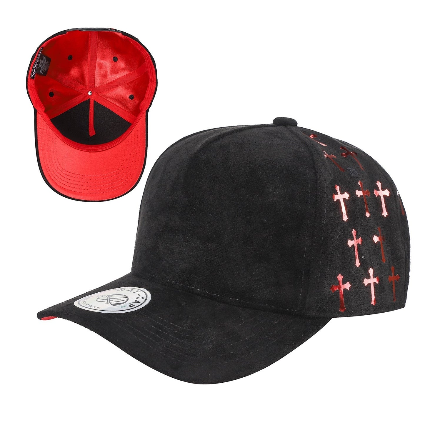 Waycap black suede 5-panel cap with red satin lining and red cross gilding on side panels. Snapback style.