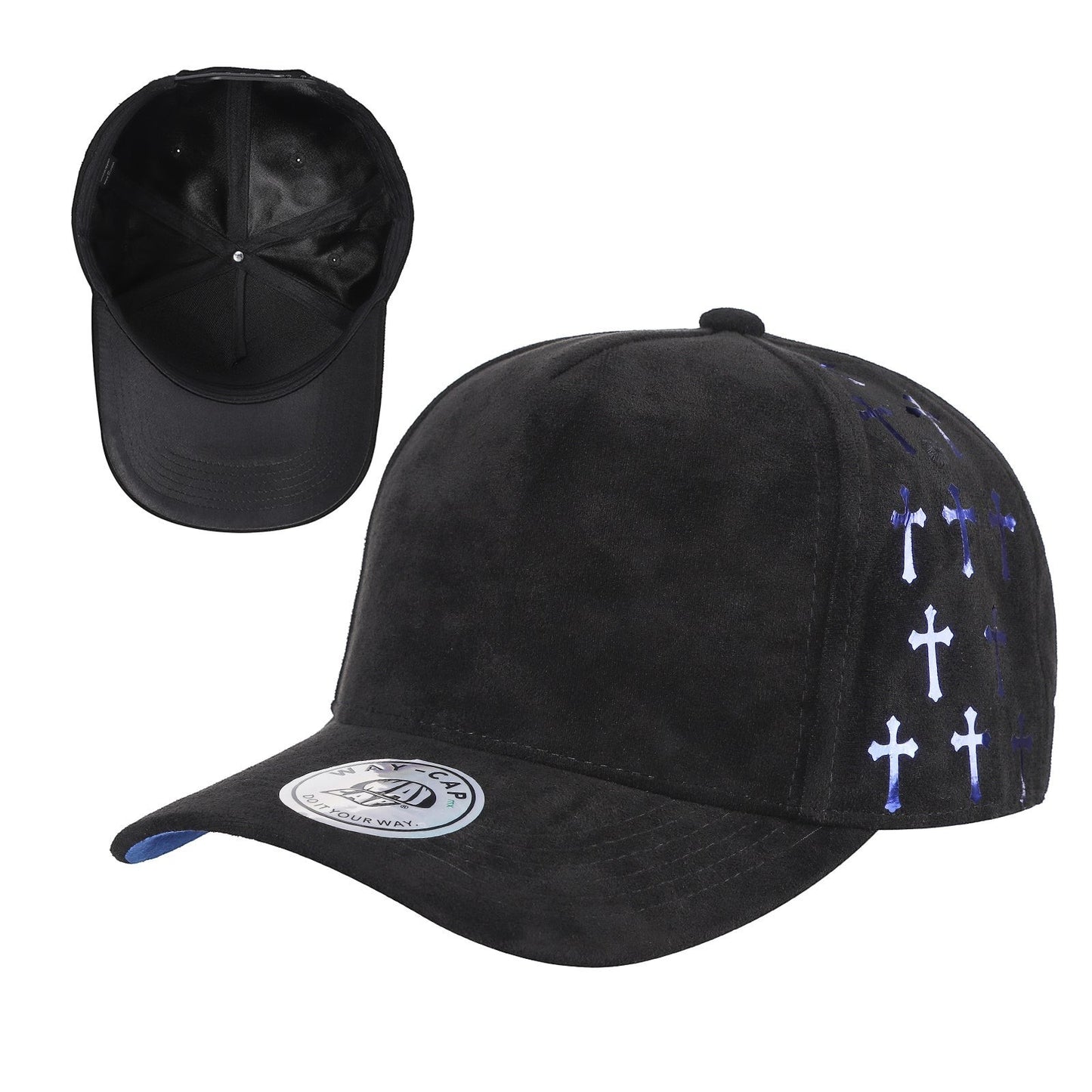 Waycap 5SSTG black suede 5-panel cap with satin cross pattern gilding on side panels and blue underside brim.