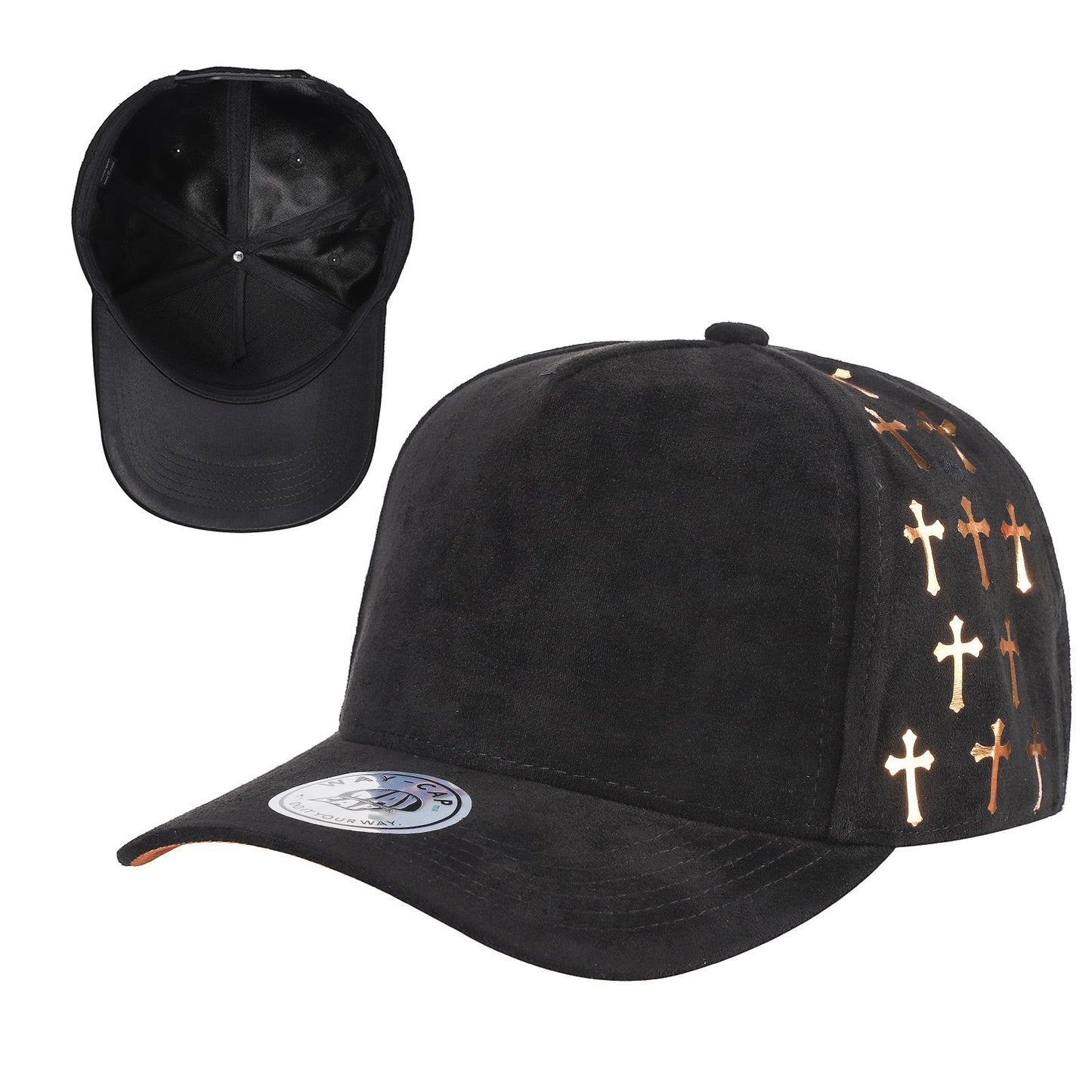 Waycap black suede 5 panel cap with satin gilding cross pattern on side panels. Adjustable snapback.