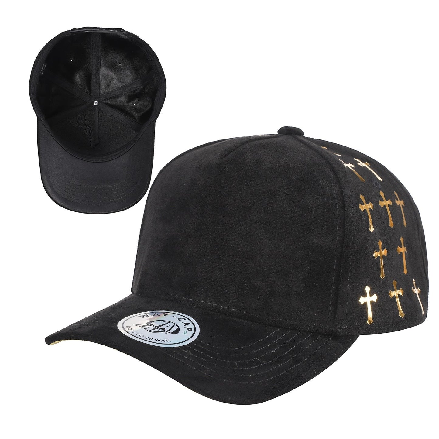 Waycap black suede 5-panel cap with gold cross pattern on side panel and satin lining.