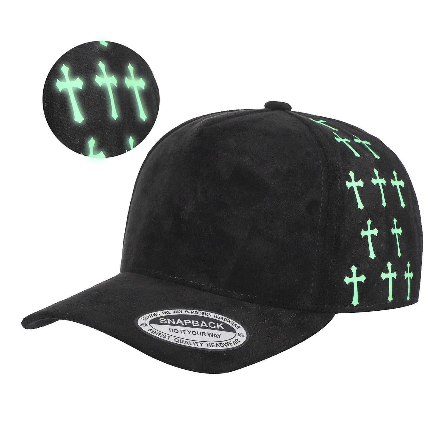 Waycap 5 Panel Suede Satin Gilding Cap in black with glow-in-the-dark cross pattern on side panels. Snapback style.