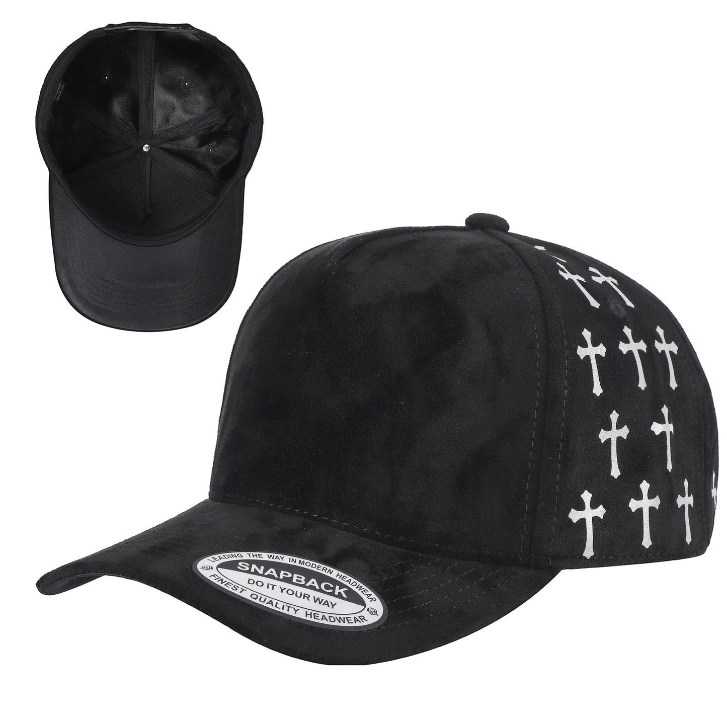 Waycap 5SSTG black suede 5-panel snapback cap with white satin cross pattern on side panels.