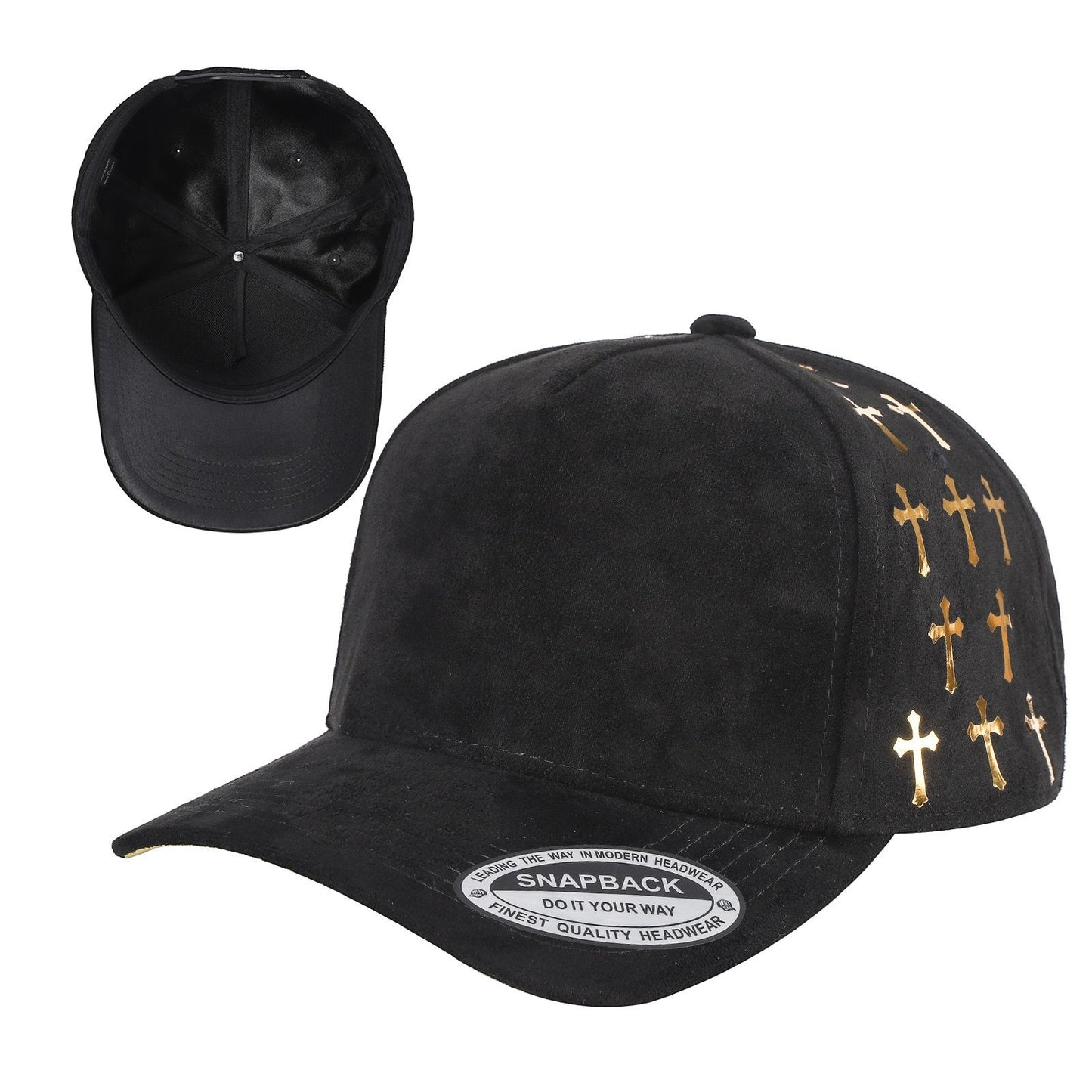 Waycap 5 Panel Suede Satin Gilding Cap in black with gold cross pattern on side panels. Snapback style.
