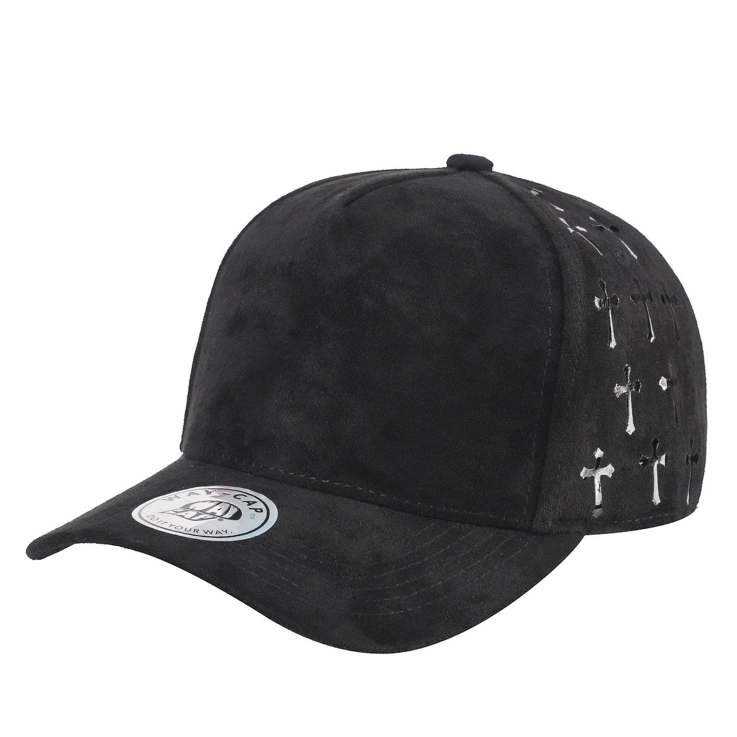 Waycap black suede 5-panel cap with satin cross cut-outs on side panels and snapback closure.