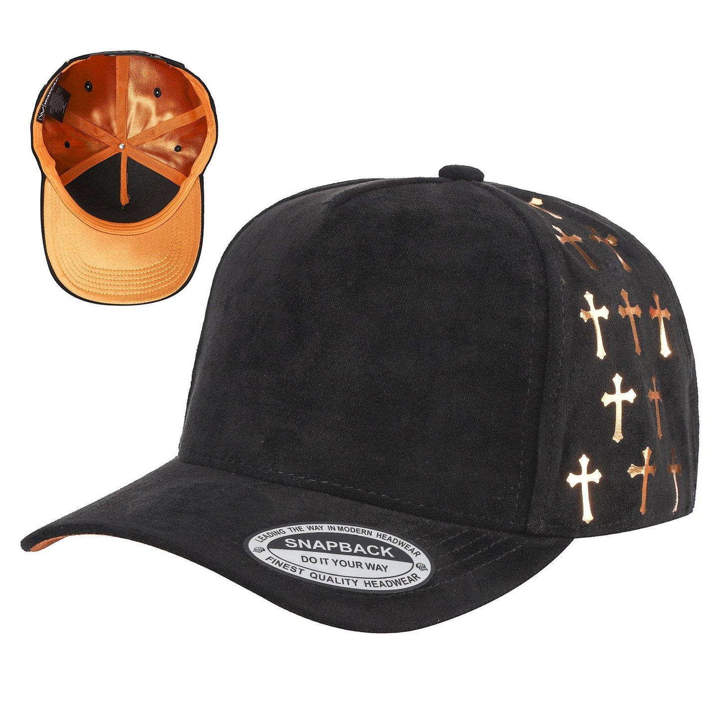 Waycap 5SSTG black suede 5-panel snapback cap with gold cross pattern on side panels and orange satin lining.