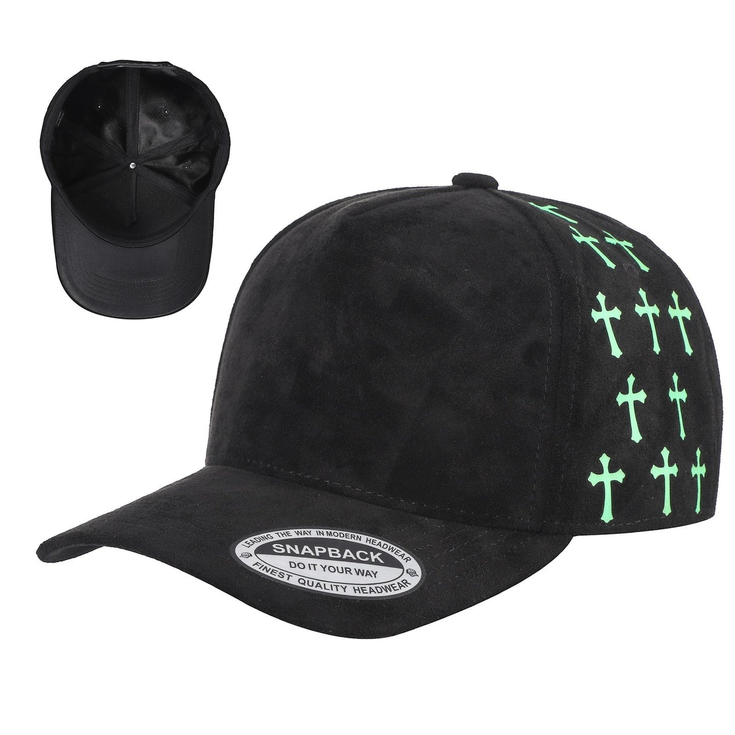 Waycap 5SSTG black suede 5-panel snapback cap with green cross gilding on side panels.