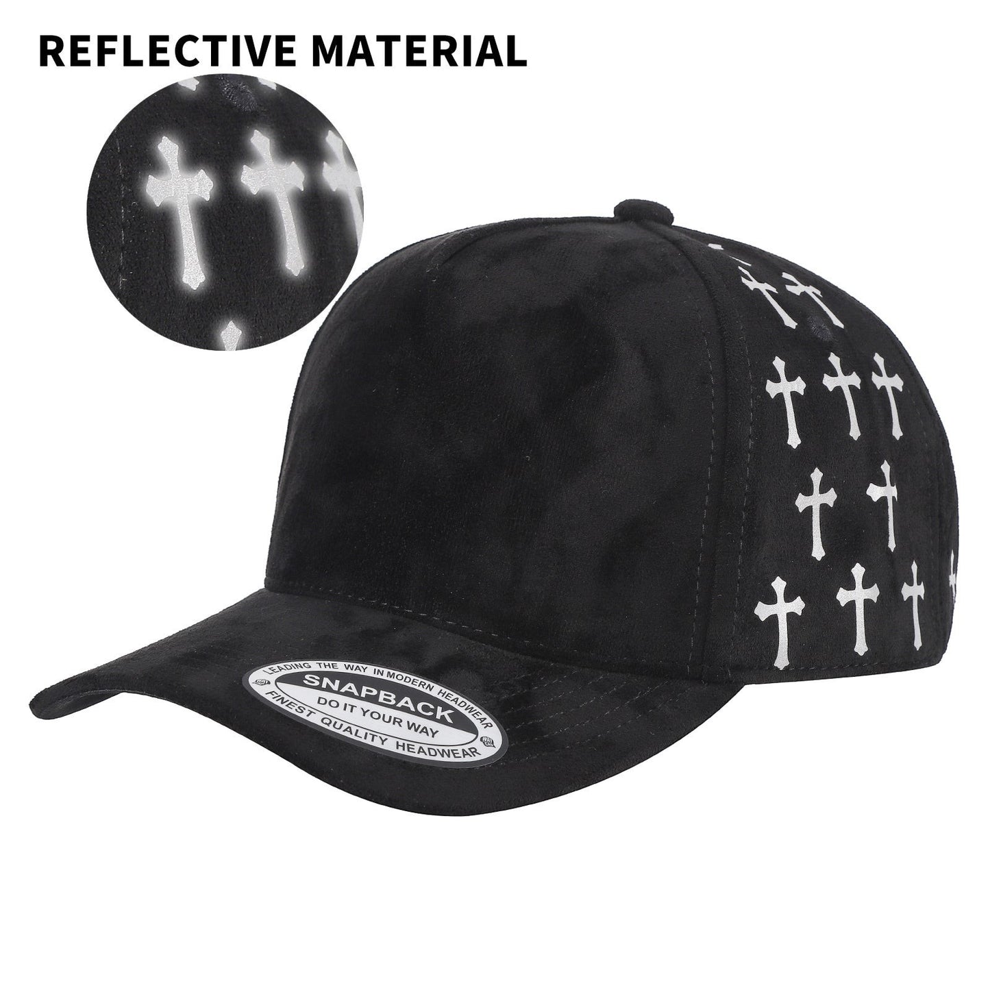 Waycap 5SSTG black suede 5-panel snapback cap with reflective cross pattern gilding on side panels.