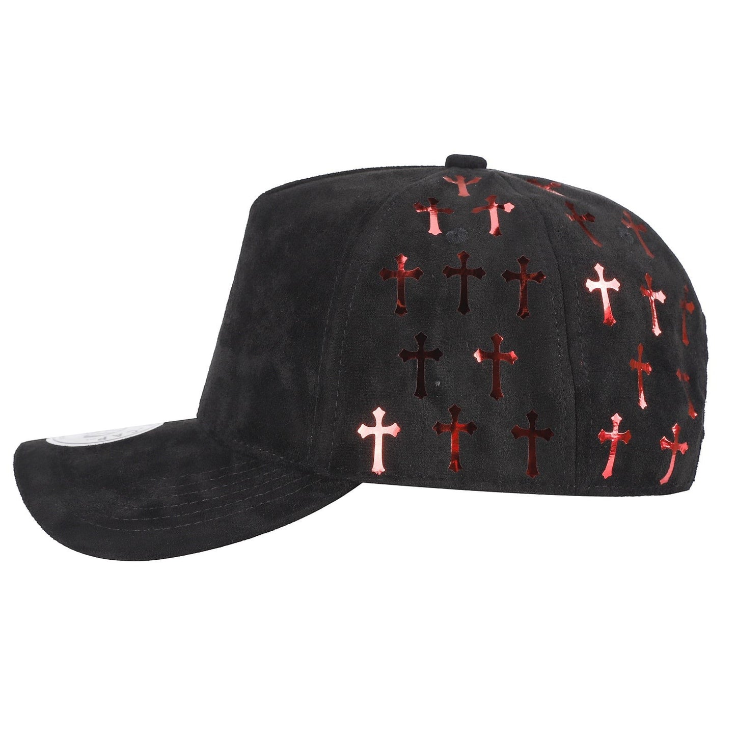 Waycap 5 Panel Suede Satin Gilding Cap in black with red cross cutouts on side panels. Snapback style.
