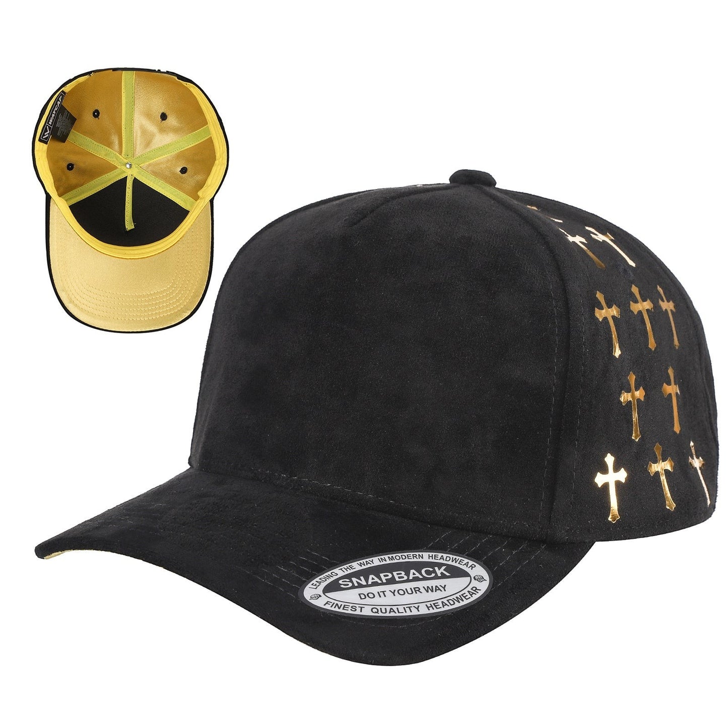 Waycap 5SSTG black suede 5-panel snapback cap with gold satin cross pattern on side panels and gold interior.