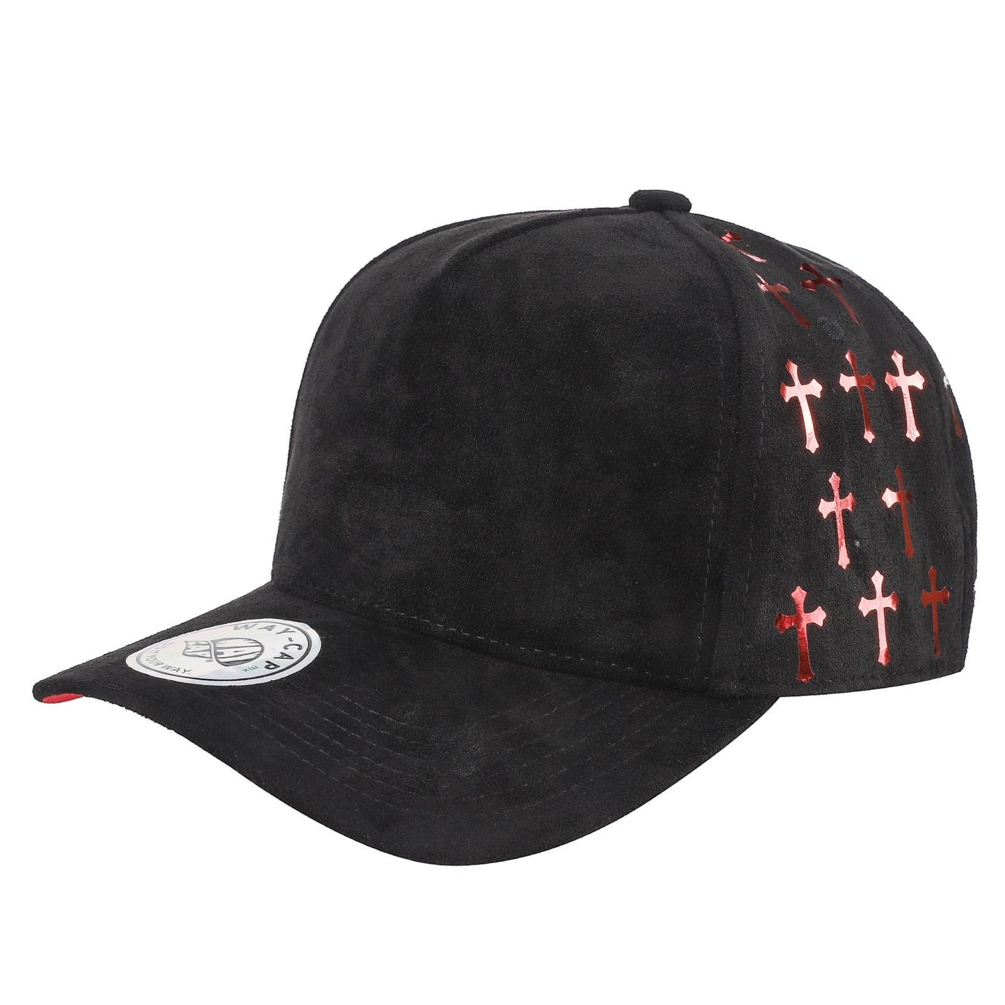 Waycap black suede 5 panel cap with red satin cross cut-out details on side panels. Snapback style.