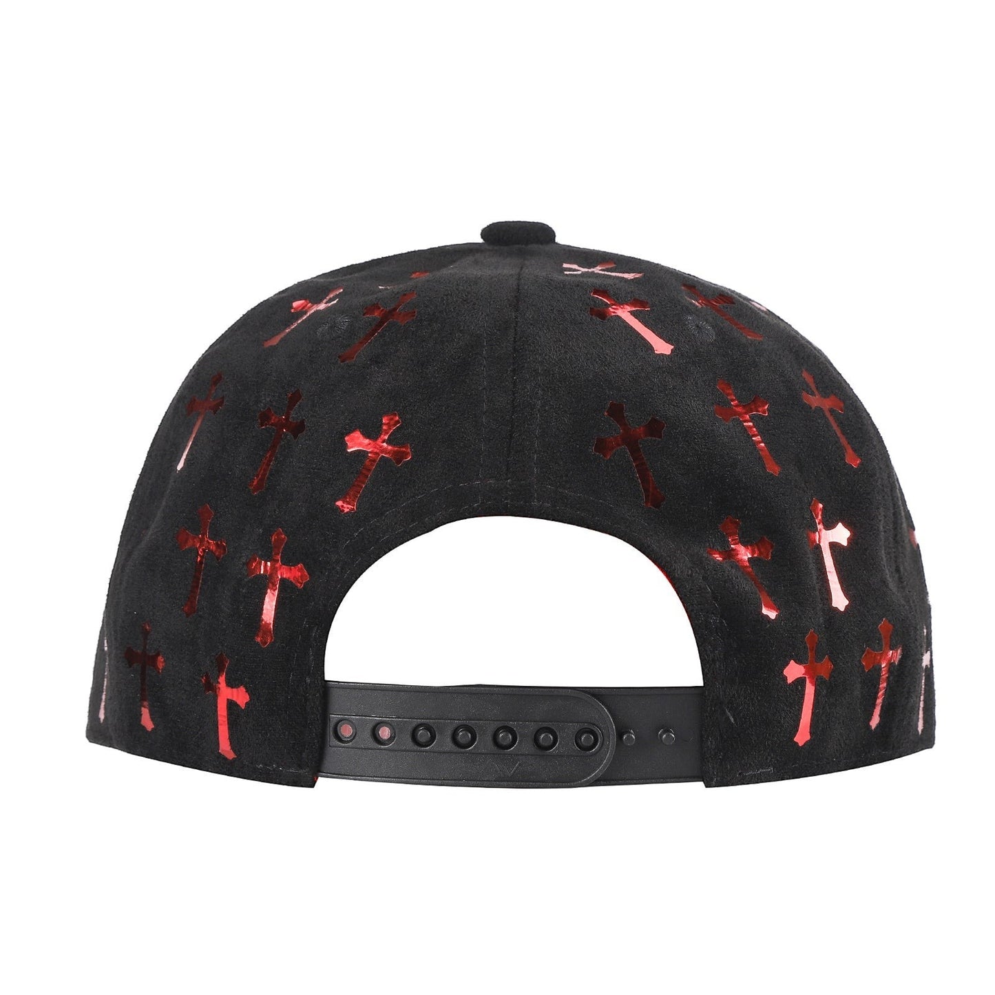 Waycap 5 Panel Suede Satin Gilding Cap in black with all-over red cross pattern. Adjustable snapback closure.