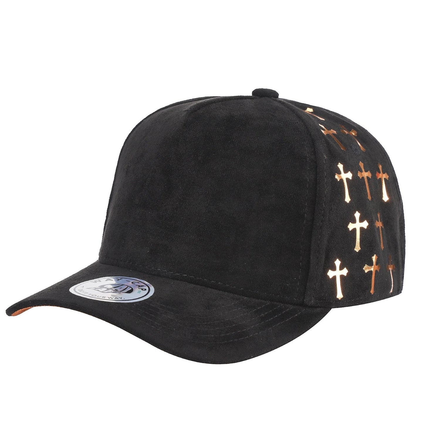Waycap 5 panel black suede cap with rose gold satin cross cutouts on side panels. Snapback style.
