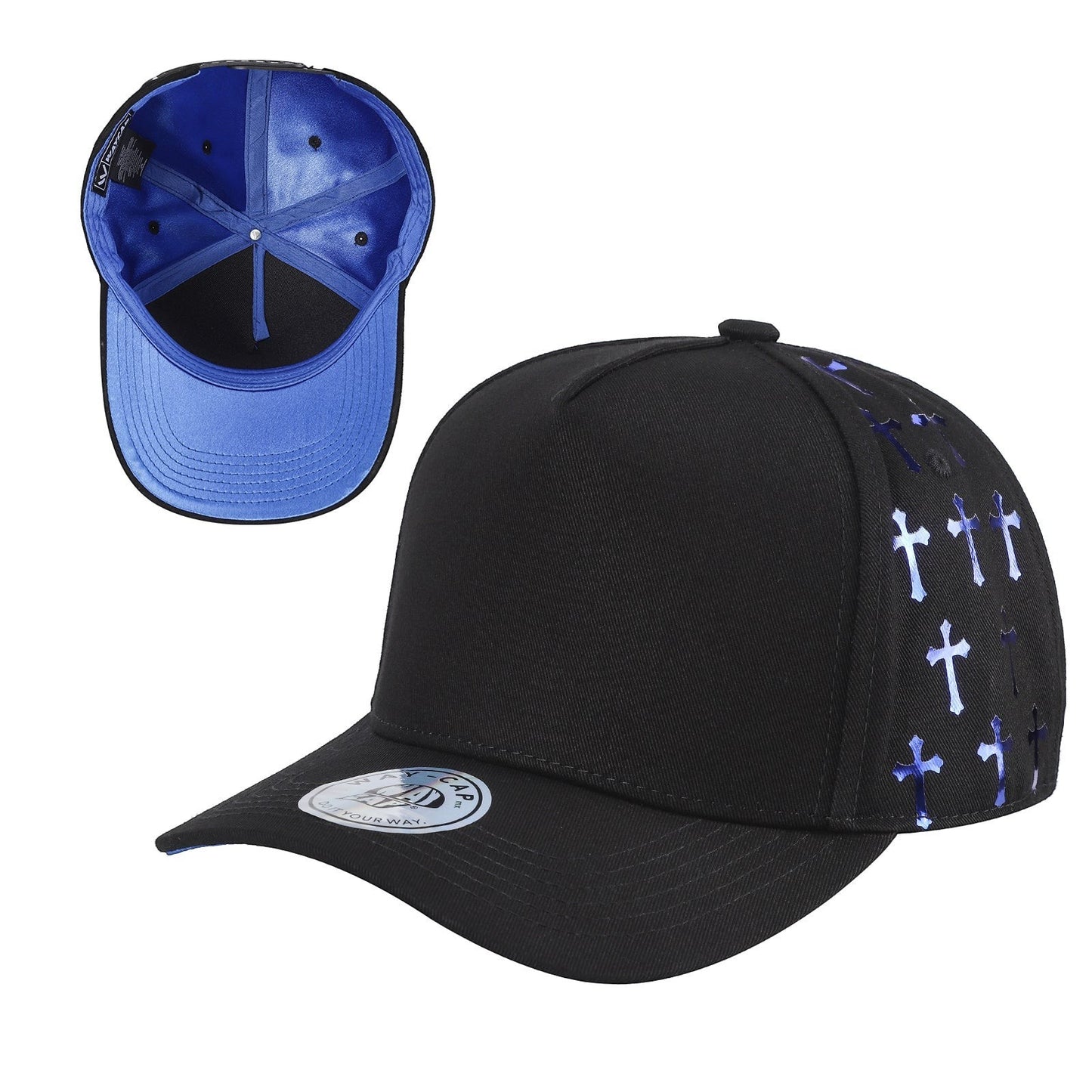 Waycap 5 Panel black suede cap with blue satin cross pattern detail on side panels and bright blue interior.